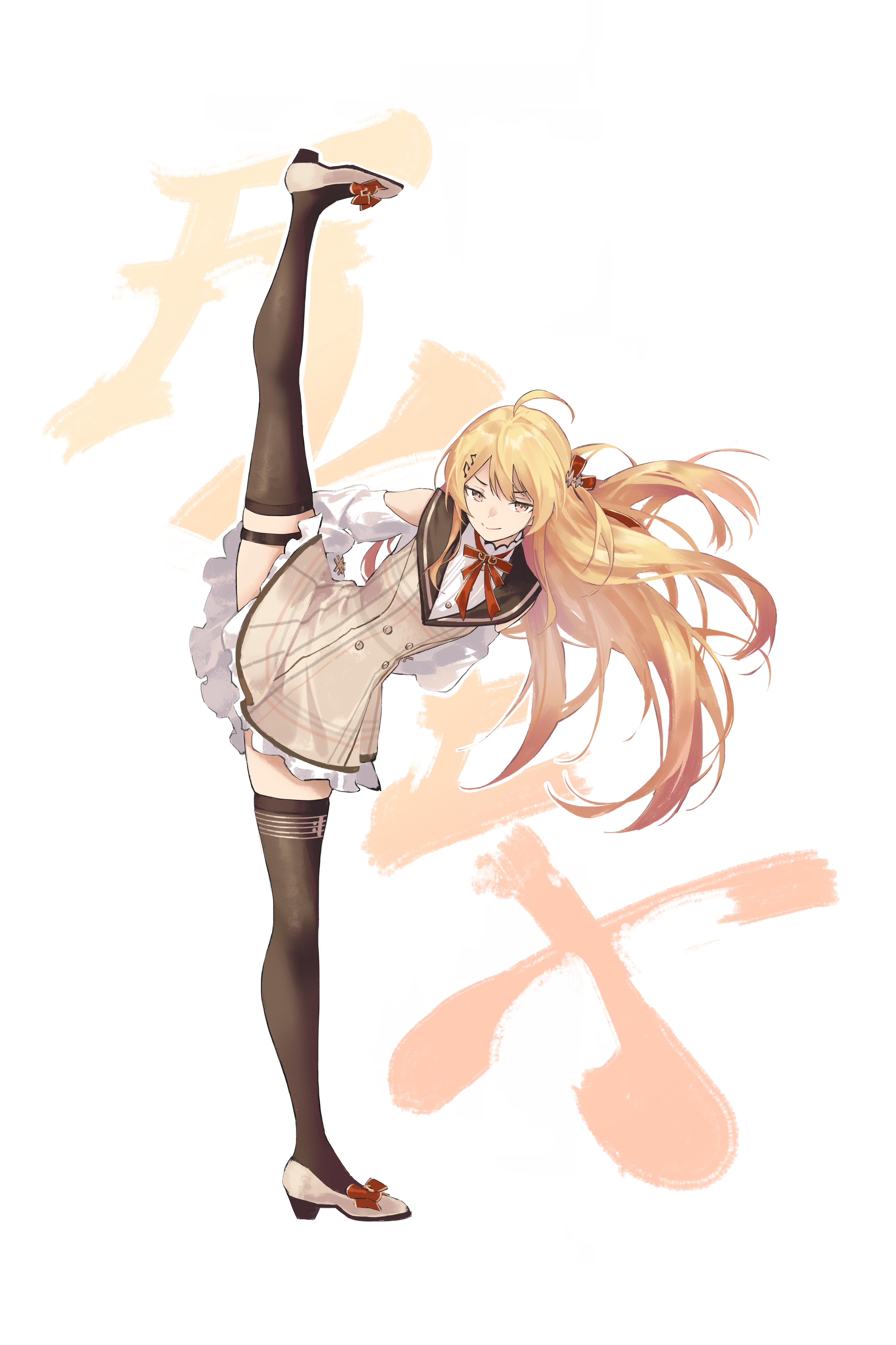 kyoko (zeprii4), otonose kanade, otonose kanade (1st costume), hololive, hololive dev is, absurdres, commentary, english commentary, highres, translation request, 1girl, ahoge, blonde hair, bow, brown dress, brown eyes, brown sailor collar, brown thighhighs, buttons, closed mouth, clothing cutout, double-breasted, double-parted bangs, dress, footwear bow, fortissimo, full body, hair between eyes, hair ornament, hair ribbon, hairclip, leg up, long hair, long sleeves, looking at viewer, musical note, musical note hair ornament, neck ribbon, one side up, plaid clothes, plaid dress, red bow, red ribbon, ribbon, sailor collar, shirt, shoes, shoulder cutout, sidelocks, simple background, smile, solo, split, standing, standing on one leg, standing split, text background, thighhighs, virtual youtuber, white shirt, white shoes
