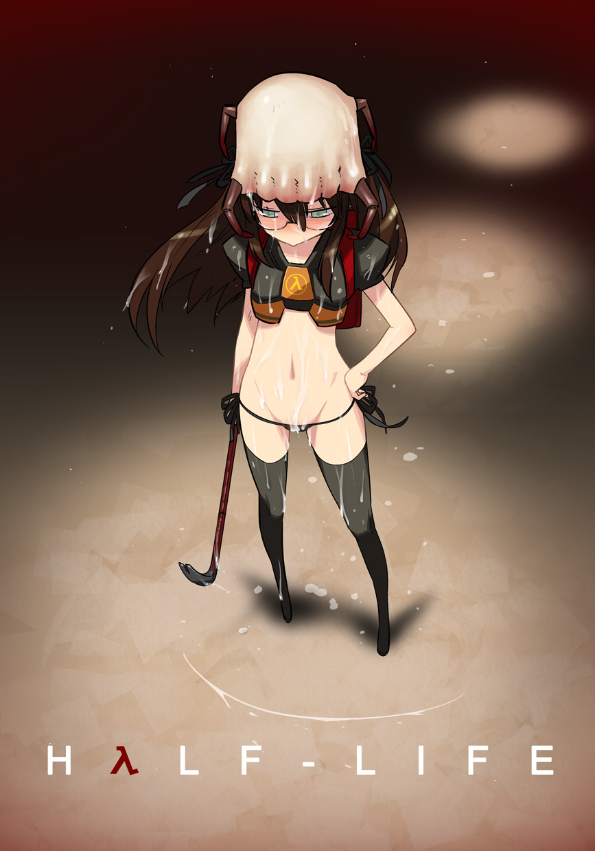 miharu (cgsky), gordon freeman, headcrab, half-life, half-life (series), half-life 2, gender request, highres, 1girl, :>, adapted costume, armor, backpack, bag, brown hair, crowbar, female focus, genderswap, glasses, green eyes, hand on own hip, hip focus, holding, holding crowbar, loli, long hair, lowleg, lowleg panties, panties, randoseru, saliva, sexually suggestive, side-tie panties, solo, suggestive fluid, thighhighs, thong, underwear