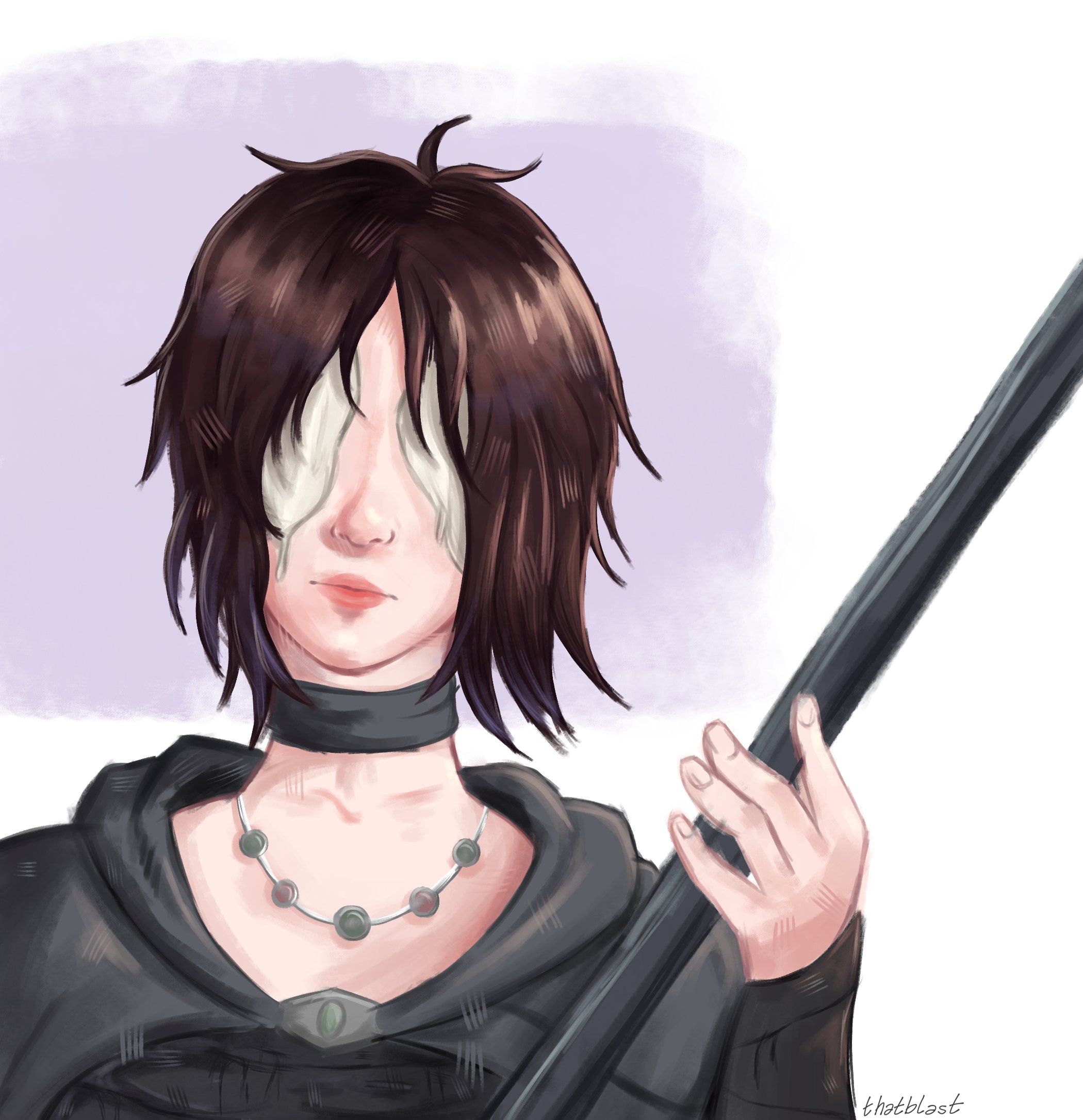 maiden in black, demon's souls, fromsoftware, highres, 1girl, black hair, choker, jewelry, loveblest, necklace, no eyes, portrait, short hair, solo, staff