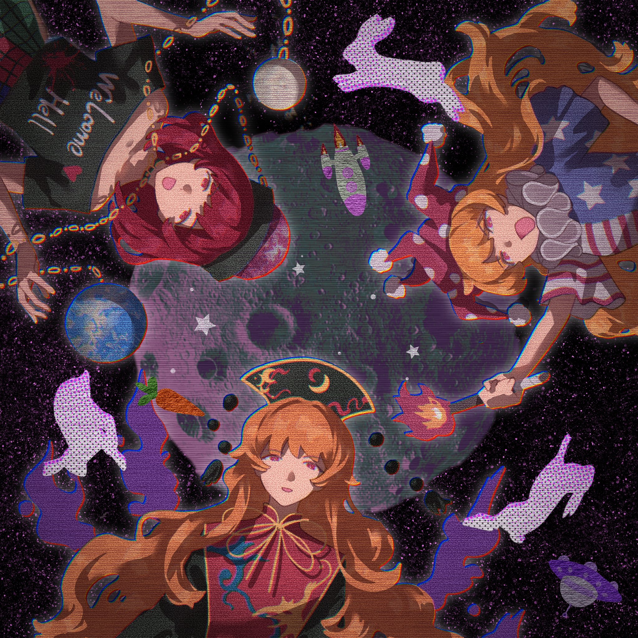 tansuyuli, clownpiece, hecatia lapislazuli, junko (touhou), legacy of lunatic kingdom, touhou, commentary, highres, symbol-only commentary, textless version, variant set, 3girls, american flag, american flag print, animal, arm up, bare arms, black dress, black hat, black shirt, blue jumpsuit, chain, clothes writing, collarbone, copyright name, crescent print, dalachi (headdress), dot nose, dress, earth (ornament), eyelashes, fire, flag print, floating hair, floral print, gold chain, hand on own hip, happy, hat, heart, heart print, holding, holding torch, jester cap, jumpsuit, long hair, looking at viewer, medium hair, moon, moon (ornament), multicolored jumpsuit, multiple girls, neck ribbon, neck ruff, off-shoulder shirt, off shoulder, open mouth, orange hair, pink eyes, pleated sleeves, polka dot headwear, pom pom (clothes), print headwear, print jumpsuit, print shirt, print tabard, purple hat, purple wings, rabbit, red eyes, red hair, red jumpsuit, red tabard, ribbon, rocket, shirt, short sleeves, smile, space, split-color clothes, star (symbol), star print, striped jumpsuit, t-shirt, tabard, torch, underworld (ornament), upper body, upside-down, very long hair, wavy hair, white jumpsuit, wings, yellow ribbon