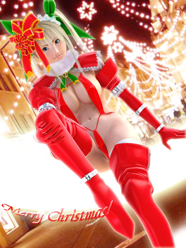 incise soul, m-rs, rukia (incise soul), lights, 1girl, 3d, blonde hair, blue eyes, boots, breasts, christmas, covered erect nipples, elbow gloves, female focus, gloves, large breasts, ribbon, santa costume, slingshot swimsuit, solo, swimsuit, twintails