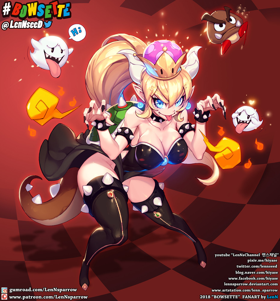 boo (mario), bowsette, goomba, mario (series), nintendo, 1girl, 3others, artist name, bare shoulders, blonde hair, blue eyes, bracelet, breasts, crown, dress, earrings, english text, fang, fangs, fingernails, fire, full body, groping motion, hanging breasts, horns, jewelry, large breasts, latex, lennsparrow, long hair, multiple others, pointy ears, ponytail, red background, sharp fingernails, shell, skirt, smile, speech bubble, spiked bracelet, spikes, super crown, tail, thighhighs, tongue, tongue out, zipper