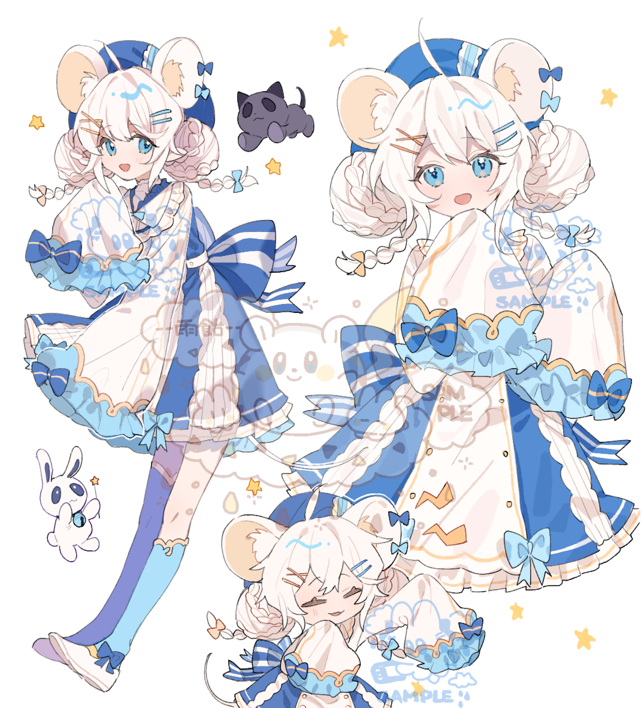 ame ame, original, highres, 1girl, :d, ahoge, animal ear fluff, animal ears, asymmetrical legwear, blue bow, blue dress, blue eyes, blue hat, blue socks, blue thighhighs, bow, chibi, closed eyes, double bun, dress, footwear bow, frilled dress, frills, full body, hair bun, hair ornament, hairclip, hat, kneehighs, long sleeves, looking at viewer, mouse ears, mouse girl, multiple views, open mouth, parallel hairclips, sample watermark, shoes, short hair, simple background, single kneehigh, single sock, single thighhigh, sleeve bow, sleeves past fingers, sleeves past wrists, smile, socks, standing, thighhighs, uneven legwear, watermark, white background, white hair, white shoes, x hair ornament