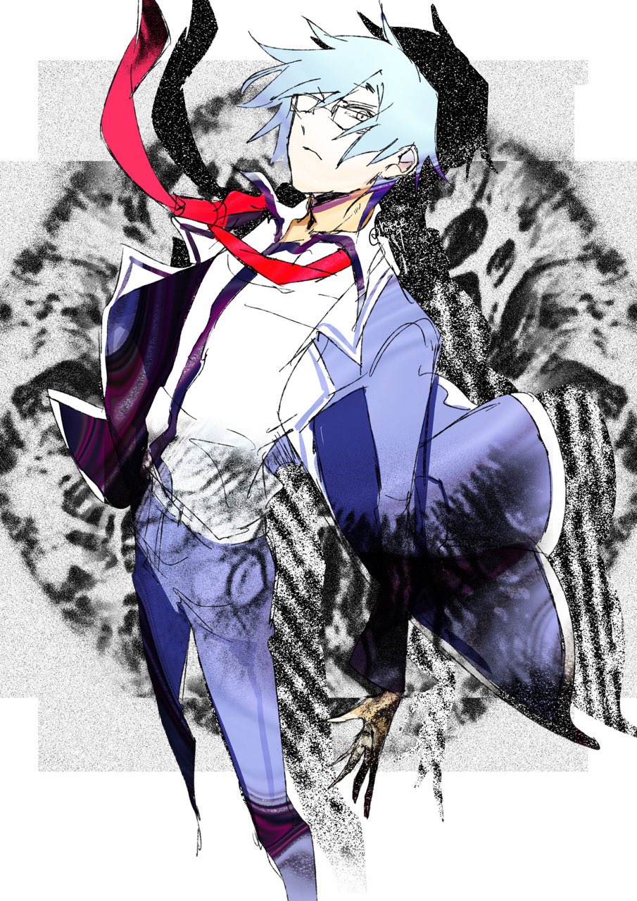 rotte (1109), miyashiro takuru, chaos;child, science adventure, highres, non-web source, 1boy, blue eyes, blue hair, closed mouth, floating neckwear, glasses, hekiho academy school uniform, long sleeves, looking at viewer, male focus, necktie, open clothes, school uniform, serious, short hair, solo, standing