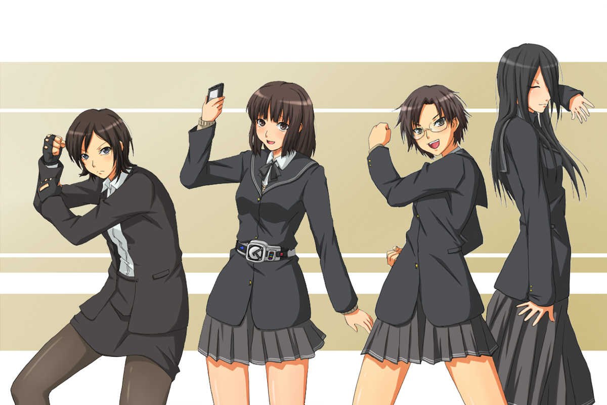 toki (tokihakashi), cure black, cure white, hiba manaka, kamen rider black, kamen rider den-o, takahashi maya, tanaka keiko (amagami), yuzuki ruriko, amagami, futari wa precure, kamen rider, kamen rider black (series), kamen rider den-o (series), precure, 4girls, belt, fingerless gloves, gloves, magical girl, multiple girls, pantyhose, parody, pencil skirt, school uniform, skirt