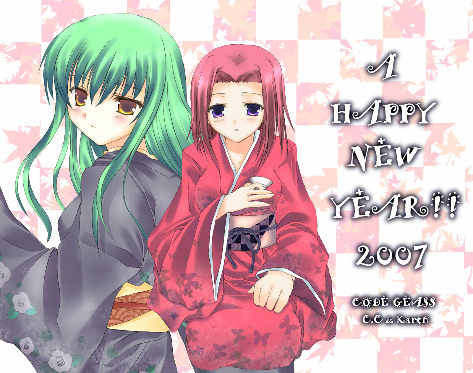 azumi kazuki, c.c., kouzuki kallen, code geass, highres, 00s, 2007, 2girls, bad anatomy, japanese clothes, kimono, multiple girls, new year, poorly drawn, red hair