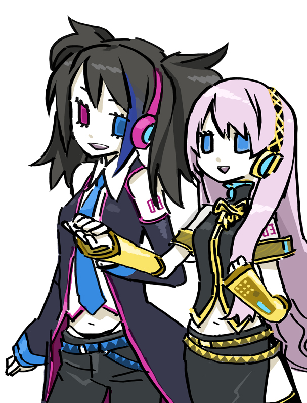 megurine luka, yokune ruko, utau, vocaloid, 2girls, belt, black hair, blue eyes, blue necktie, crossover, detached sleeves, headphones, heterochromia, holding hands, long hair, multiple girls, necktie, pink hair, simple background, twintails, very long hair