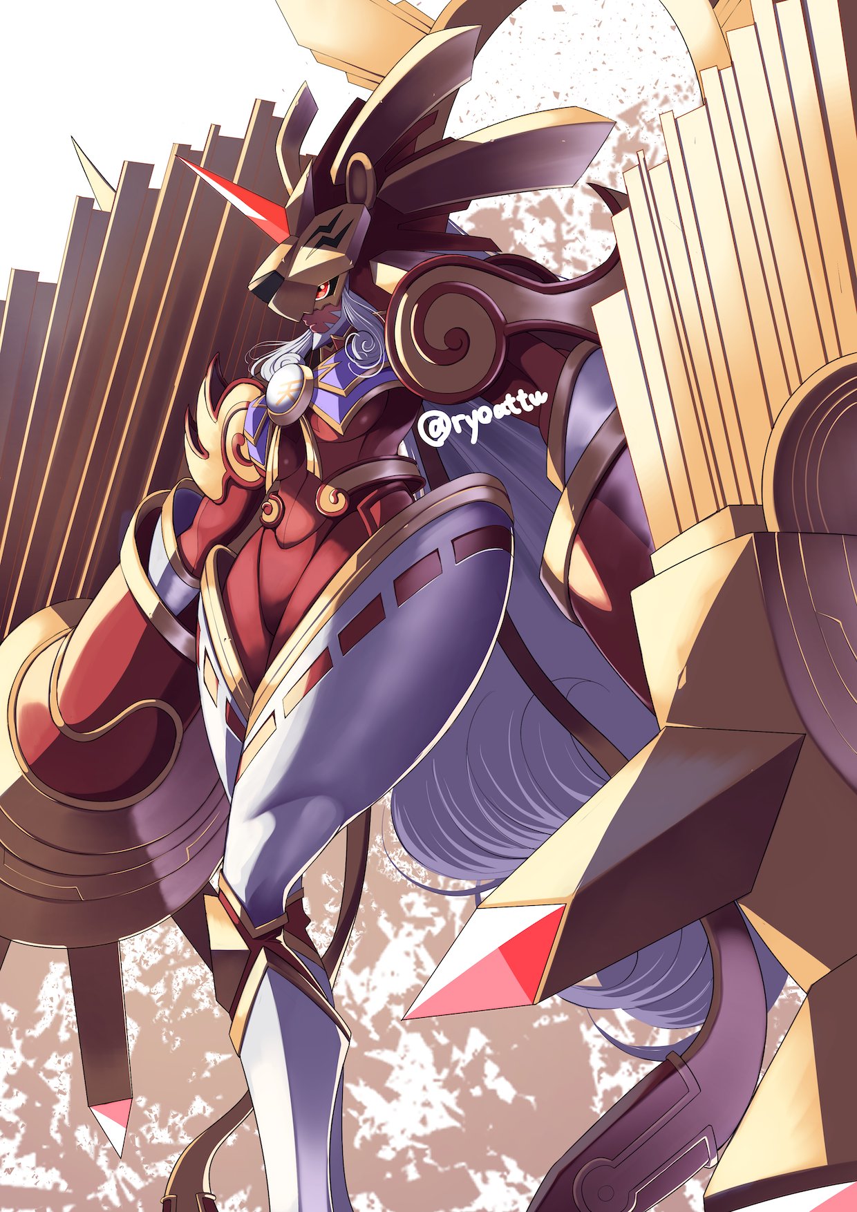 ryo@, amaterasumon, digimon, commentary request, highres, 1girl, bodysuit, claw (weapon), colored skin, digimon (creature), gauntlets, grey hair, horns, lion head (ornament), long hair, red bodysuit, red eyes, red skin, signature, single horn, solo, very long hair, weapon