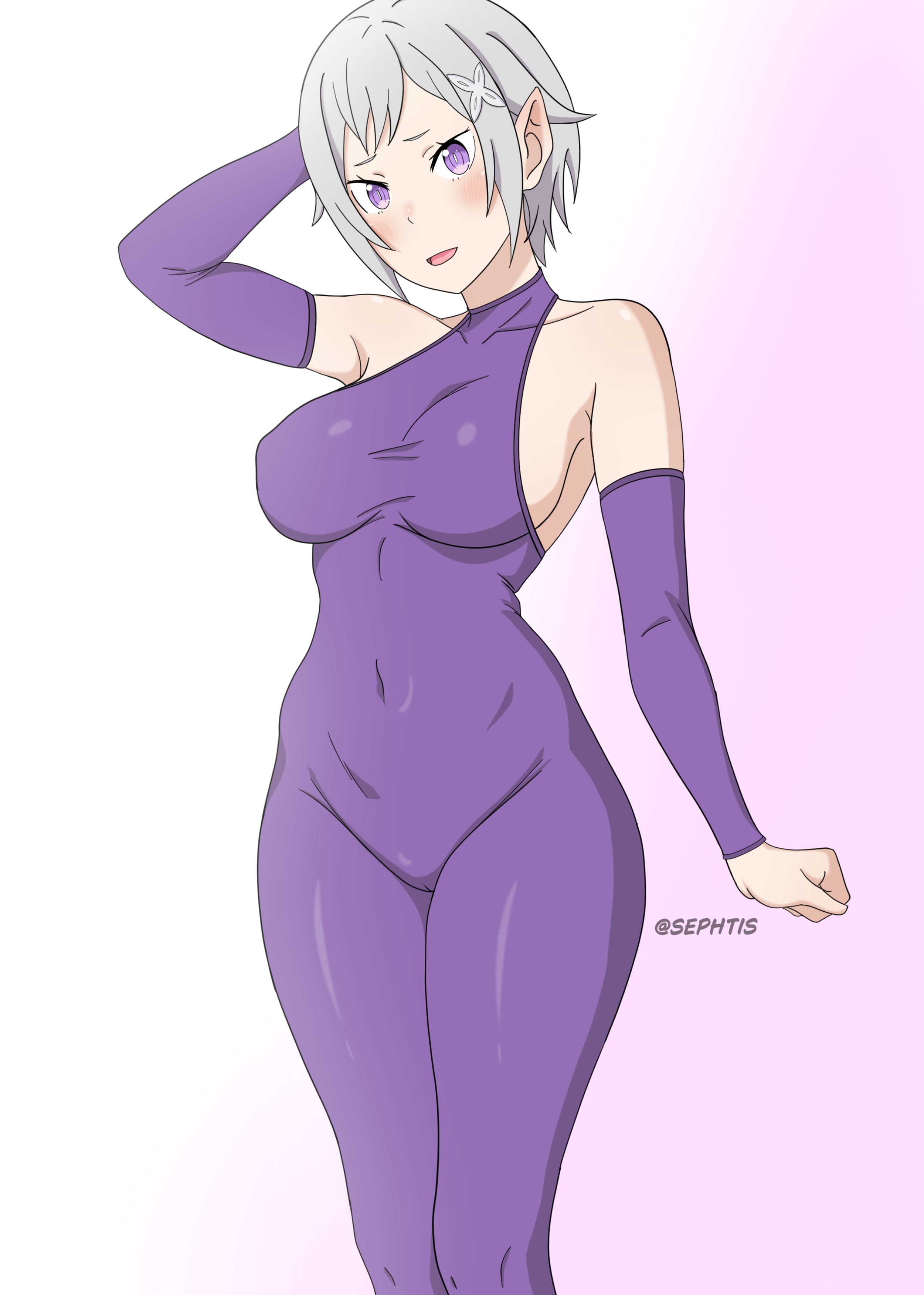 sephtis, fortuna (re:zero), re:zero kara hajimeru isekai seikatsu, absurdres, commentary, highres, 1girl, backless bodysuit, backless outfit, bodysuit, braid, breasts, crown braid, detached sleeves, elf, grey hair, hair ornament, halterneck, large breasts, pointy ears, purple bodysuit, purple eyes, purple ribbon, purple sleeves, ribbon, short hair, solo, standing