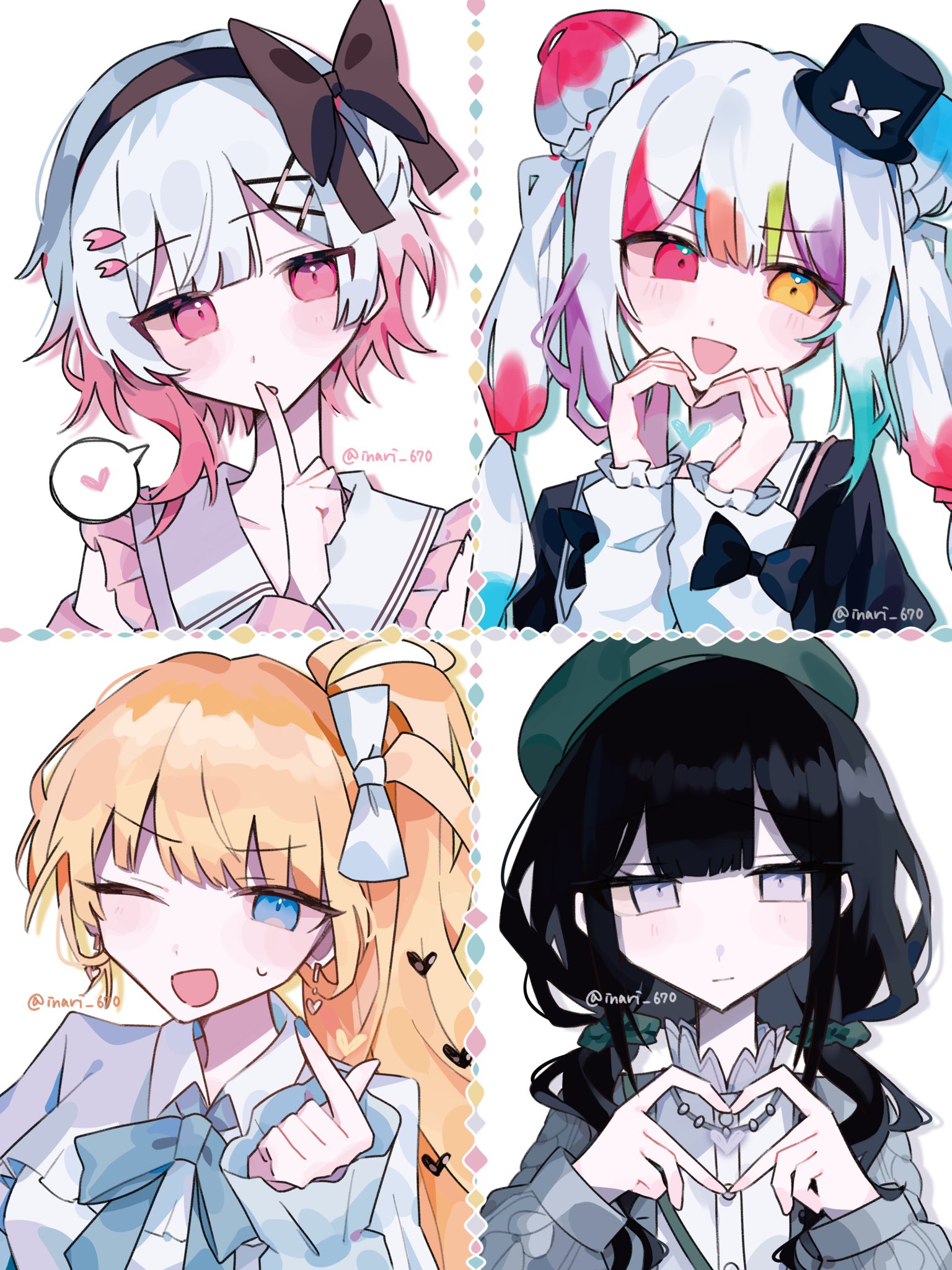 jogasaki noah, kurobe nanoka, saeki miria, sakuraba ema, book off, mahou shoujo no majo saiban, commentary request, highres, ;d, beret, black hair, black hairband, blonde hair, blue eyes, blunt bangs, braid, braided bun, double bun, expressionless, finger heart, finger to mouth, gradient hair, green hat, hair bun, hair ornament, hairband, hands up, hat, heart, heart hands, inari (inari 670), long hair, long sleeves, looking at viewer, low twintails, multicolored hair, official alternate costume, official alternate hairstyle, one eye closed, open mouth, pink eyes, pink hair, short hair, smile, spoken heart, twintails, upper body, white background, white hair, x hair ornament