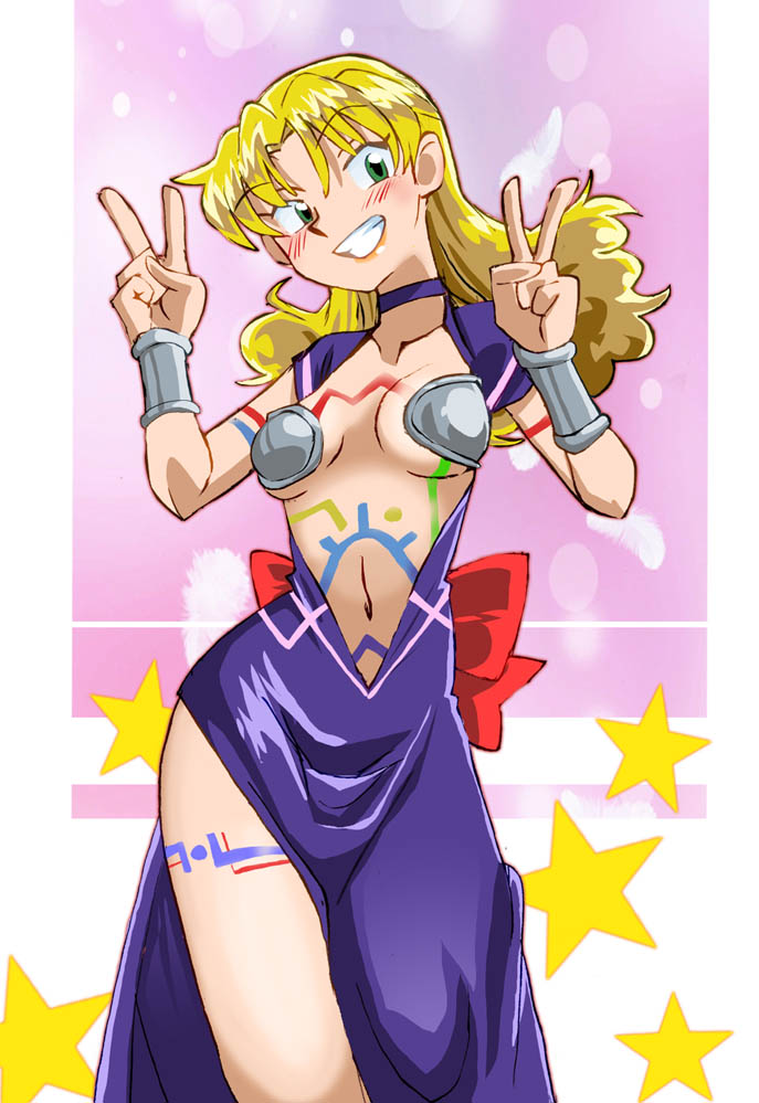 onnaski, lemina ausa, lunar, lunar 2: eternal blue, commentary request, 1girl, blonde hair, body markings, choker, double v, dress, green eyes, long hair, looking at viewer, navel, purple choker, purple dress, smile, solo, v