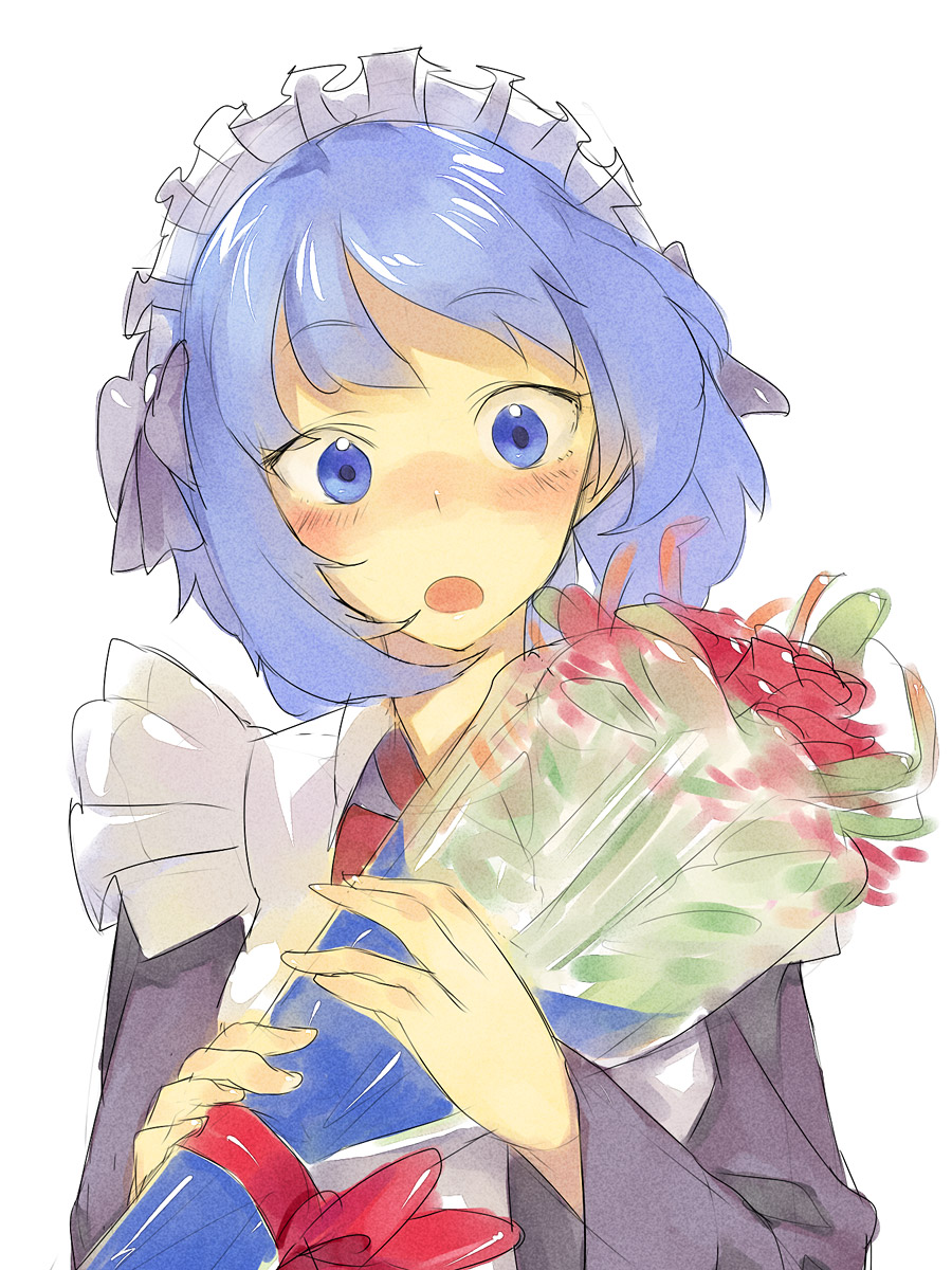 hama (22ji kara 24ji), highres, 1girl, blue eyes, blue hair, blush, bouquet, female focus, flower, holding, holding bouquet, looking at viewer, maid, matching hair/eyes, simple background, sketch, solo, surprised, upper body, white background