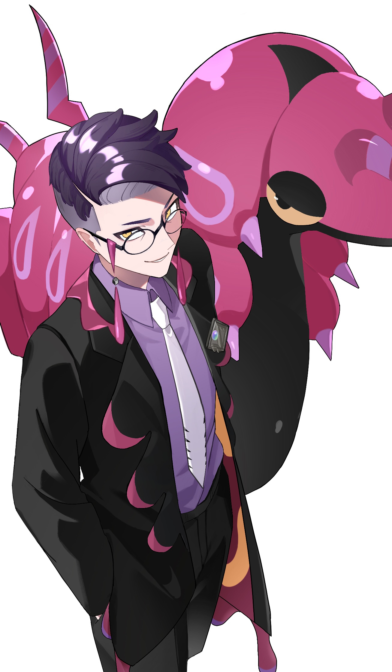 corbeau (pokemon), scolipede, nintendo, pokemon, pokemon legends: z-a, commentary request, highres, 1boy, black-framed eyewear, black coat, black hair, black pants, coat, collared shirt, gen 5 pokemon, glasses, male focus, necktie, nu-chan (00 oekaki), open clothes, open coat, pants, pokemon (creature), purple shirt, round eyewear, shirt, short hair, simple background, smile, white background, yellow eyes