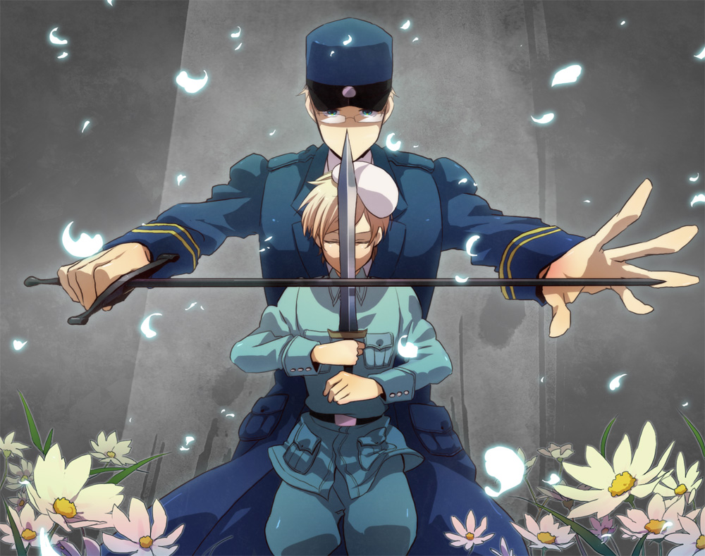 runko, finland (hetalia), sweden (hetalia), axis powers hetalia, bad id, bad pixiv id, 00s, 2boys, beret, blonde hair, flower, glasses, gradient background, hat, male focus, military, military uniform, multiple boys, plant, shako cap, sword, weapon