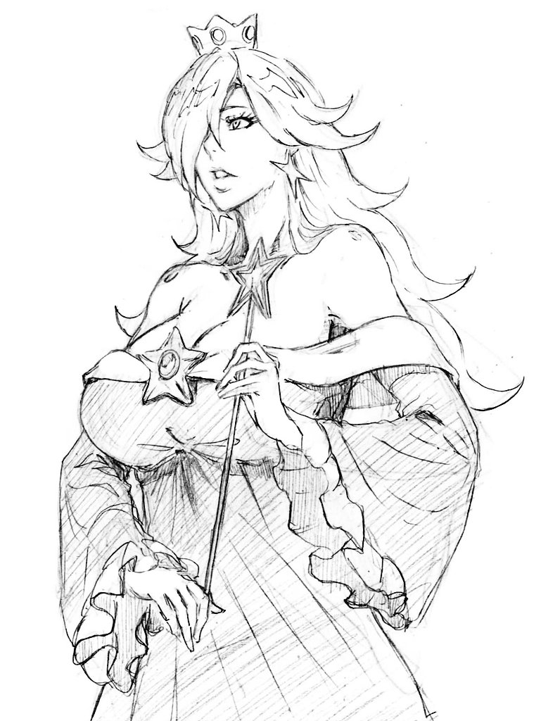 rakusakugk, rosalina, mario (series), nintendo, super mario galaxy, 1girl, alternate breast size (larger), bare shoulders, blonde hair, breasts, brooch, cleavage, crown, dress, earrings, greyscale, hair between eyes, hair over one eye, holding, holding wand, jewelry, kubo tite (style), large breasts, long hair, long sleeves, monochrome, off-shoulder dress, off shoulder, open mouth, silver crown, simple background, sketch, solo, star (symbol), star brooch, star earrings, star wand, wand, white background