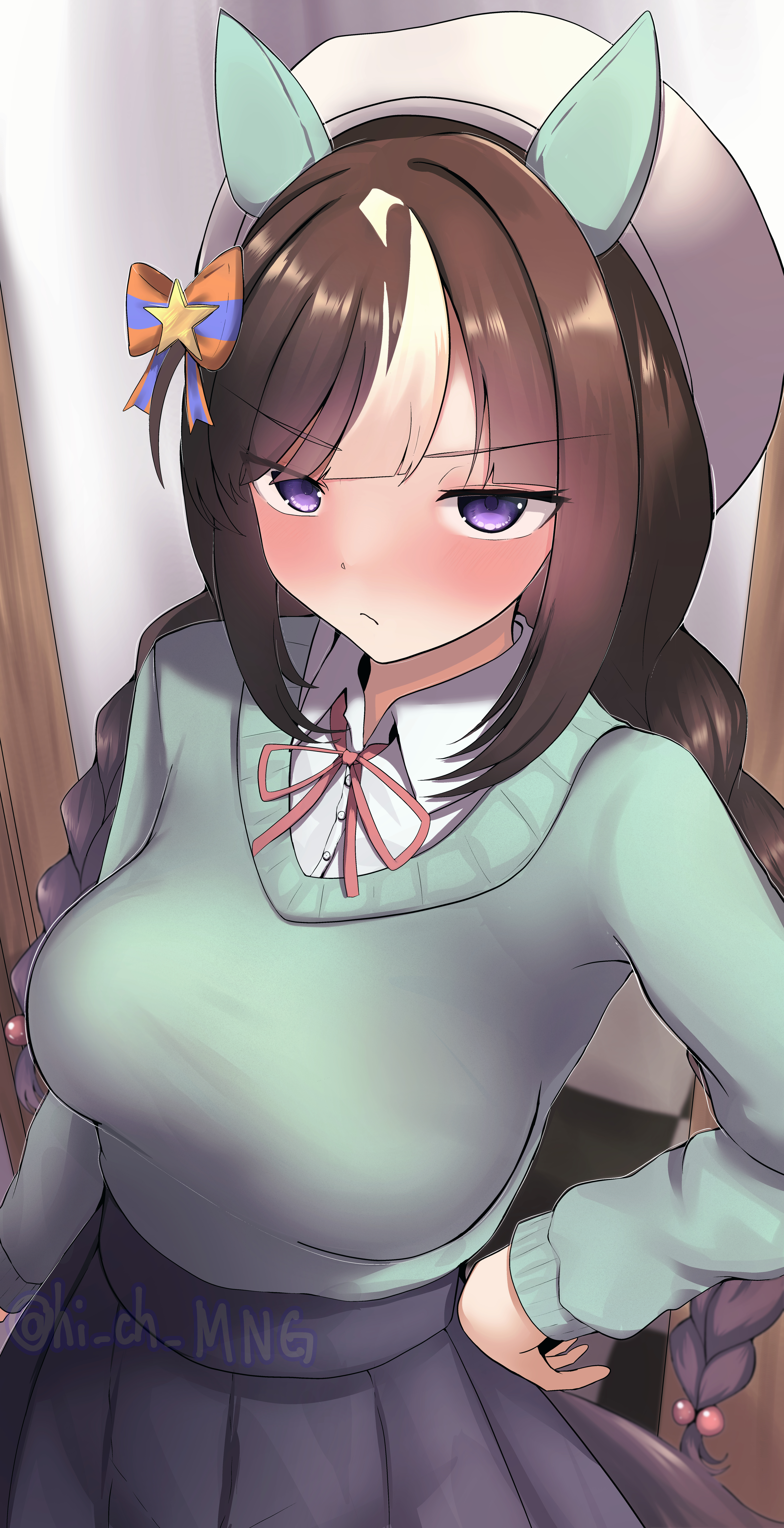 hokko tarumae (umamusume), umamusume, absurdres, commentary request, highres, 1girl, animal ears, annoyed, beret, black hair, blush, braid, breasts, casual, hair between eyes, hair ornament, hat, horse girl, large breasts, long braid, long hair, looking at viewer, low twin braids, otomomochi luca, pout, purple eyes, ribbon, twin braids, twitter username
