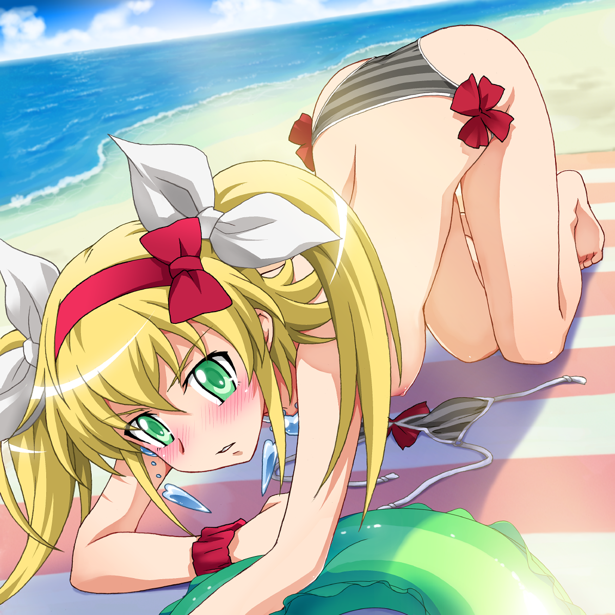saipaco, shishidou nami, sora wo kakeru shoujo, striped, highres, 00s, 1girl, all fours, beach, bikini, blonde hair, bow, day, female focus, green eyes, innertube, ocean, ponytail, solo, swim ring, swimsuit, topless female