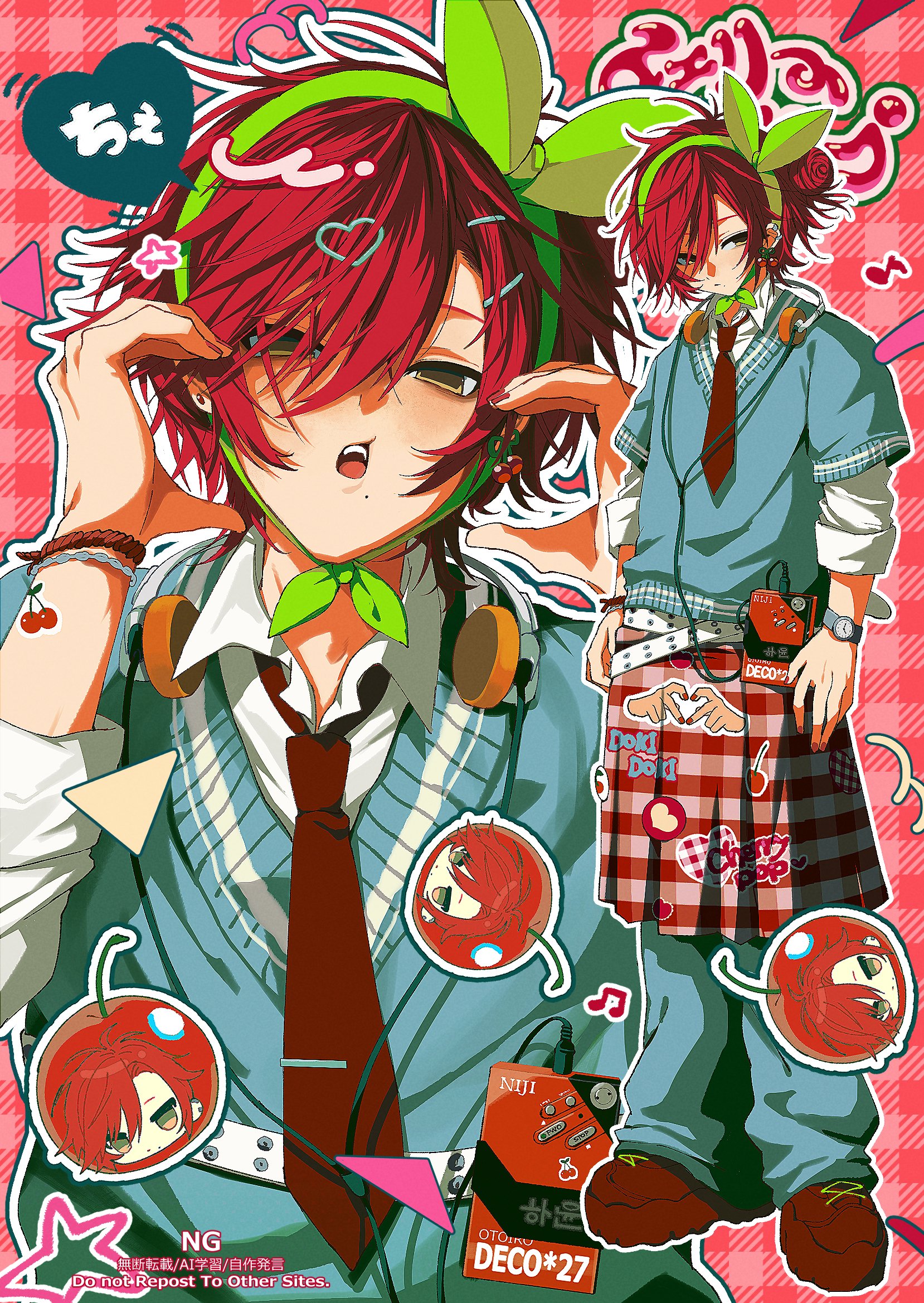wogyu, ha yun, cherry pop (vocaloid), nijisanji, nijisanji kr, walkman, commentary, highres, symbol-only commentary, 1boy, alternate costume, audio jack, badge, baggy pants, beamed eighth notes, belt, blue pants, blue sweater, blush, bracelet, button badge, cable divider, cherry earrings, chibi, chibi inset, closed mouth, collared shirt, denim, doodle inset, ear cuffs, earrings, eighth note, empty eyes, food-themed earrings, food themed earrings, green headband, hair between eyes, hair ornament, hair over one eye, hairclip, hairpin, head tilt, headband, headphones, headphones around neck, heart, heart hair ornament, heart hands, jeans, jewelry, layered shirt, looking at viewer, looking to the side, male focus, mismatched earrings, mole, mole under eye, multiple belts, multiple hairpins, multiple views, musical note, necktie, open mouth, outline, pants, pants under skirt, plaid background, plaid clothes, plaid skirt, platform shoes, print skirt, projected inset, red hair, red nails, red necktie, red shoes, red skirt, ribbon-trimmed headwear, ribbon trim, shirt, shoes, short hair, sidelocks, skirt, song name, star (symbol), sticker, sweater, thick outlines, three-quarter sleeves, tie clip, virtual youtuber, watch, white belt, white outline, white shirt, wing collar, wristwatch, yellow eyes