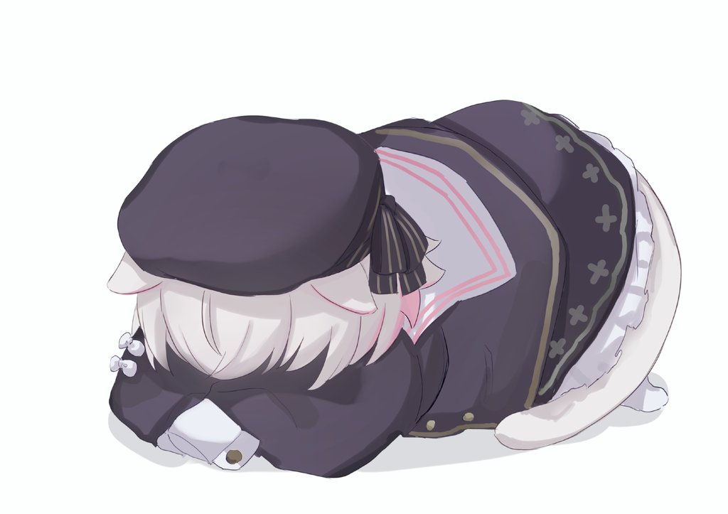 sayo (voicevox), voicevox, commentary request, 1girl, animal ears, arazan (ara arazan24), beret, black dress, black hat, black jacket, cat ears, cat girl, cat tail, dress, hat, hat ribbon, jacket, multicolored hair, pink hair, prostration, ribbon, short hair, simple background, sleeping, sleeve bow, sleeve cuffs, sleeves past fingers, sleeves past wrists, solo, tail, white background, white hair