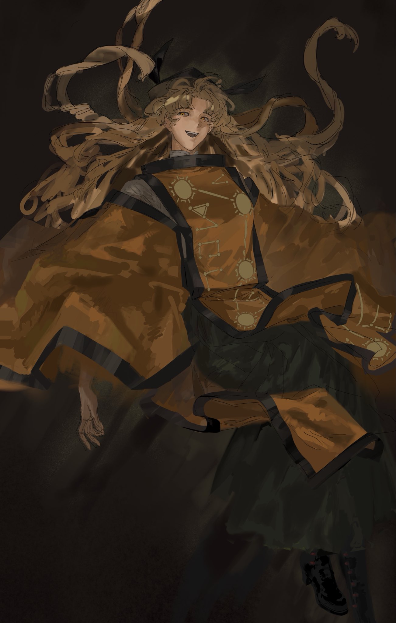 tansuyuli, matara okina, touhou, commentary, highres, unfinished, 1girl, black hakama, black hat, blonde hair, brown background, constellation print, detached sleeves, eyelashes, falling, feet out of frame, floating clothes, floating hair, hakama, hakama short skirt, hakama skirt, happy, hat, japanese clothes, layered sleeves, long hair, long sleeves, looking ahead, open mouth, orange sleeves, orange tabard, parted bangs, print tabard, realistic, shirt, simple background, skirt, smile, solo, sun print, tabard, teeth, thick eyebrows, turtleneck, turtleneck shirt, upper teeth only, very long hair, wavy hair, white shirt, wide sleeves, yellow eyes