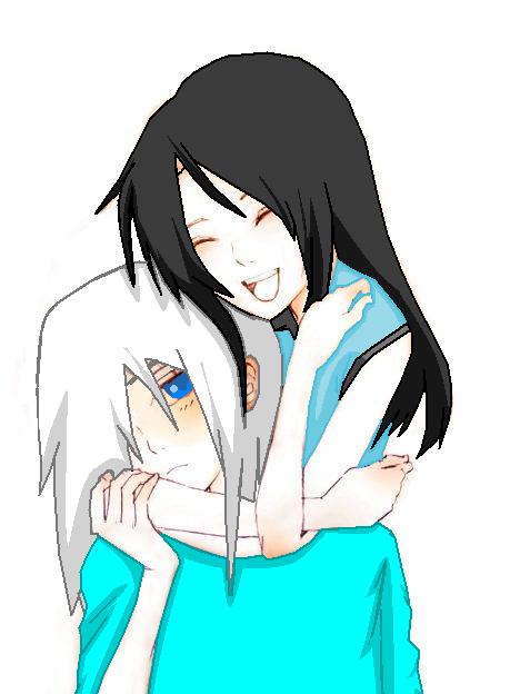 jpeg artifacts, source request, third-party edit, ^ ^, black hair, blue eyes, blush, closed eyes, frown, happy, hug, long hair, open mouth, pale skin, white hair