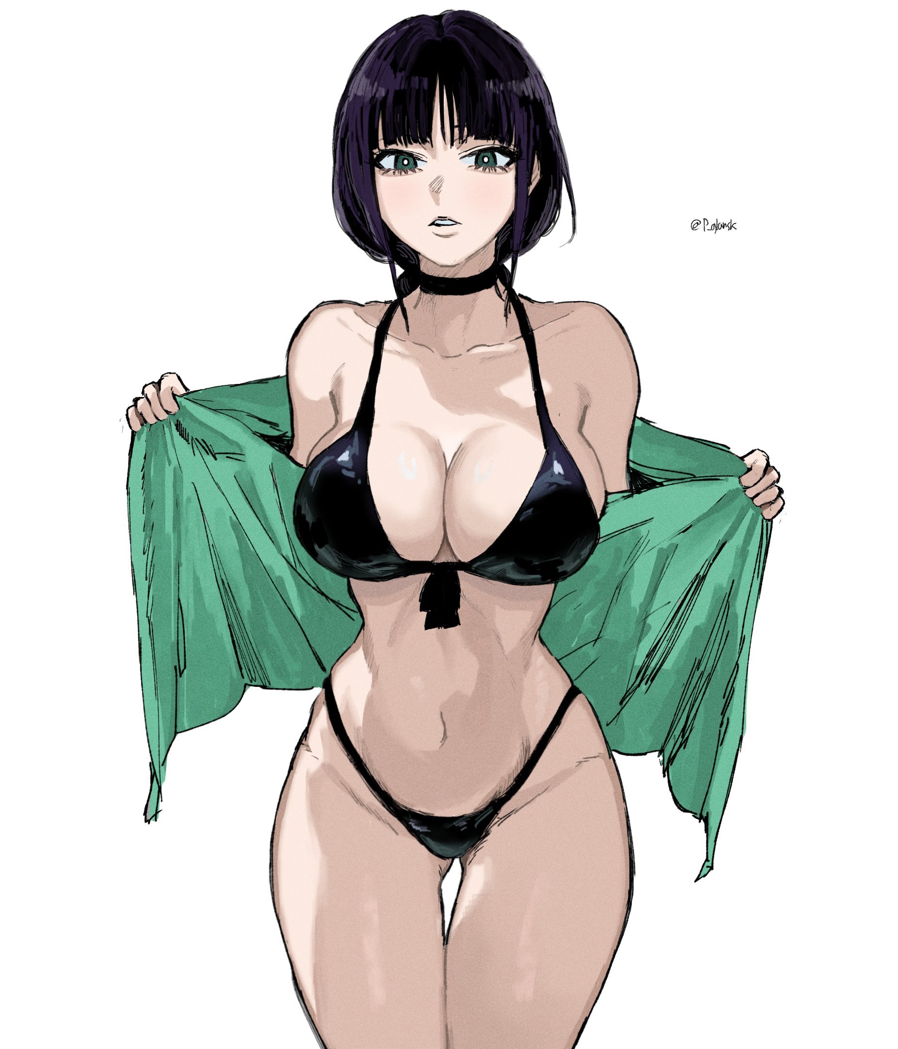 p glansk, kurotsuchi nemu, bleach, highres, 1girl, bare shoulders, bikini, black hair, braid, braided ponytail, breasts, choker, collarbone, female focus, jacket, large breasts, looking at viewer, navel, simple background, solo, solo focus, standing, stomach, swimsuit, white background