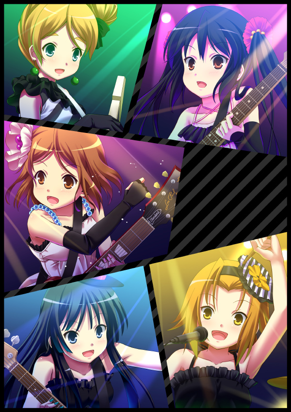uehara yukihiko, akiyama mio, hirasawa yui, kotobuki tsumugi, nakano azusa, tainaka ritsu, don't say "lazy", k-on!, bad id, bad pixiv id, 00s, 5girls, black hair, blonde hair, blue eyes, blunt bangs, brown eyes, brown hair, dress, earrings, elbow gloves, fingerless gloves, gloves, hair ornament, hat, hime cut, ho-kago tea time, instrument, jewelry, microphone, multiple girls, short hair, twintails, yellow eyes