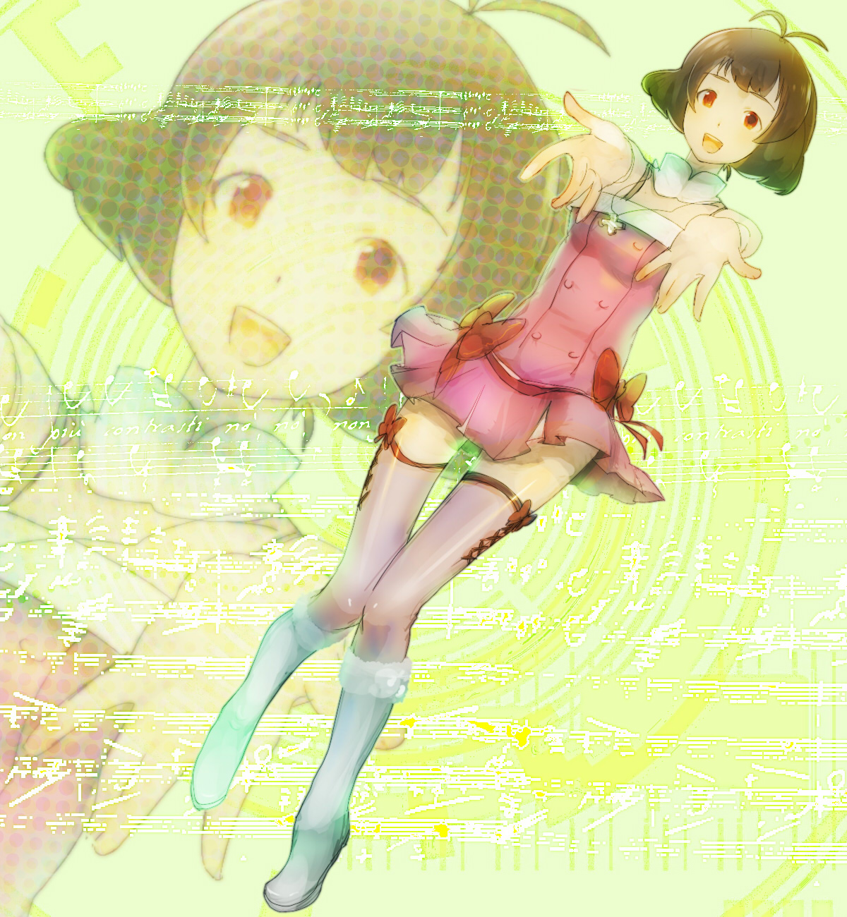 kojijima, akizuki ryo, kane, idolmaster, idolmaster dearly stars, highres, 00s, 1boy, antenna hair, bare shoulders, blush, boots, brown eyes, brown hair, cross, crossdressing, crossdressing (mtf), cute & girly (idolmaster), dress, jewelry, male focus, necklace, open mouth, short hair, smile, solo, thighhighs, trap