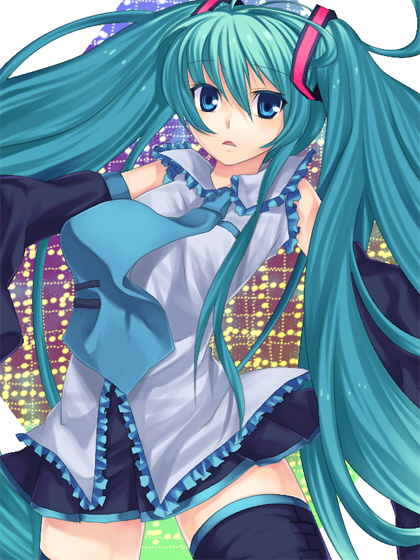 hanasaki mahiru, hatsune miku, vocaloid, bad id, bad pixiv id, aqua hair, blue eyes, detached sleeves, long hair, necktie, skirt, solo, thighhighs, twintails, zettai ryouiki