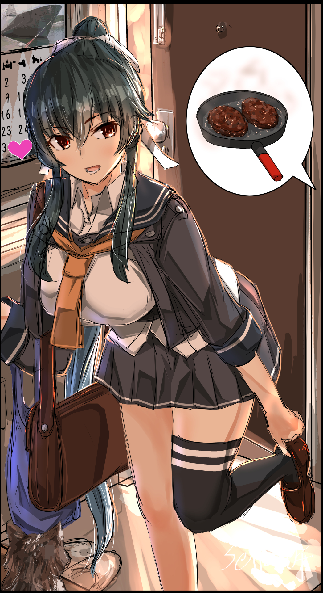 seitei (04seitei), yahagi (kancolle), yahagi kai ni (kancolle), kantai collection, commentary request, highres, 1girl, black hair, black sailor collar, black skirt, breasts, food, food focus, hair between eyes, hamburger steak, large breasts, long hair, necktie, orange necktie, pleated skirt, ponytail, red eyes, sailor collar, school uniform, shirt, sidelocks, single thighhigh, skirt, solo, steak, thighhighs, very long hair, white shirt