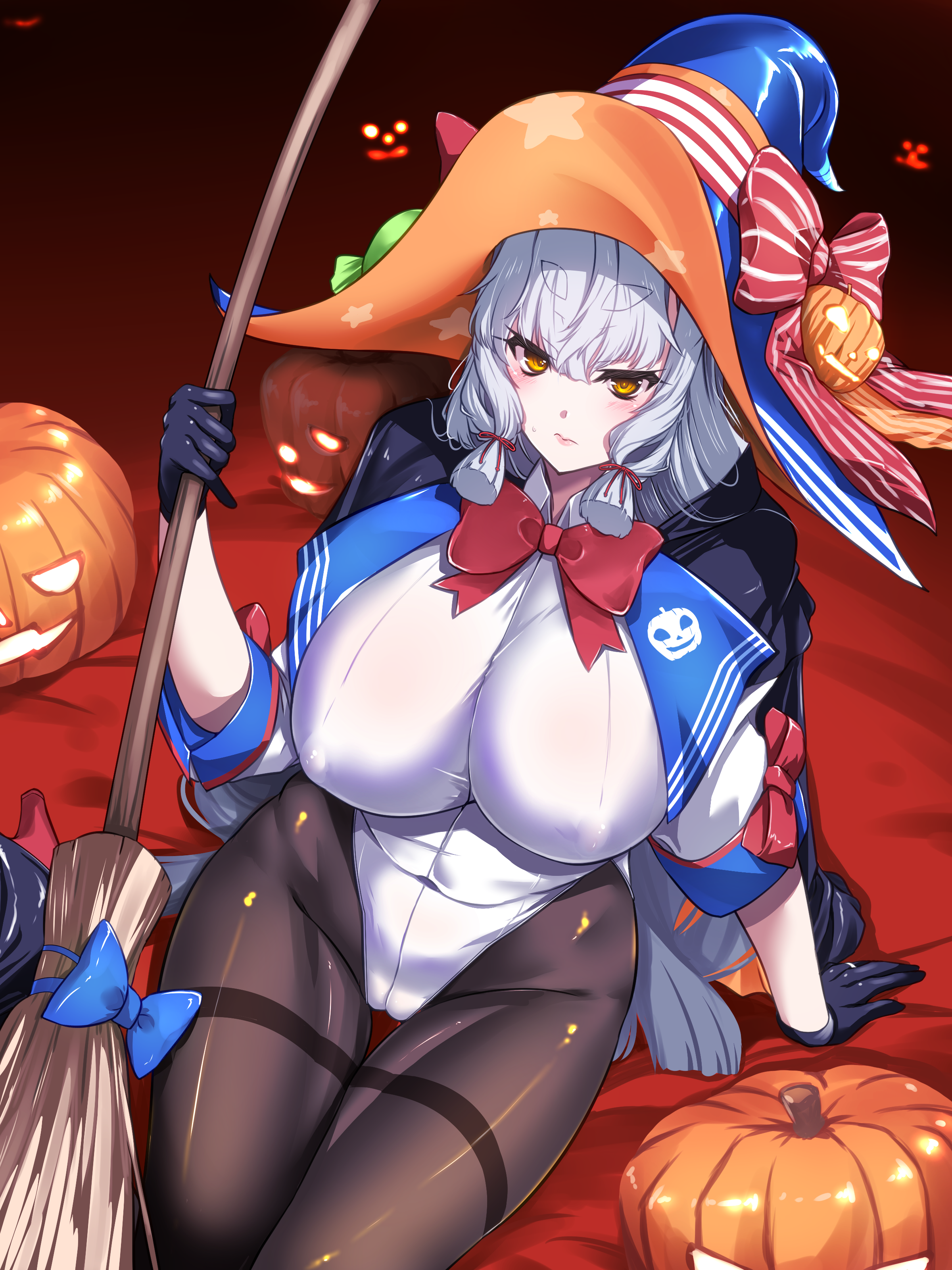 hakkai, murakumo (kancolle), richard p. leary (halloween) (kancolle), richard p. leary (kancolle), richard p. leary kai (kancolle), kantai collection, absurdres, commentary request, highres, 1girl, black gloves, black pantyhose, blunt bangs, blunt tresses, blush, bow, breasts, broom, collared leotard, cosplay, embarrassed, gloves, grey hair, hair ribbon, halloween, halloween costume, hat, hat bow, holding, holding broom, huge breasts, jack-o'-lantern, leotard, long hair, looking at viewer, orange eyes, pantyhose, ribbon, richard p. leary (kancolle) (cosplay), short eyebrows, solo, thighband pantyhose, tress ribbon, white leotard, witch, witch hat