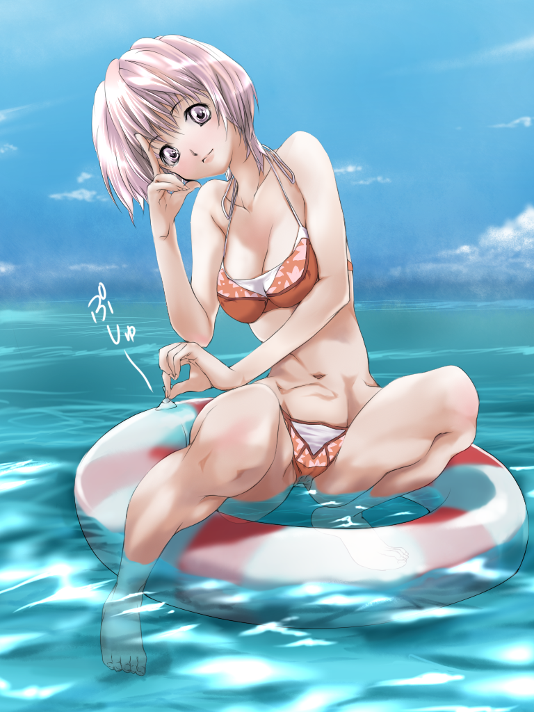alric, silver hair, bad id, bad pixiv id, 1girl, barefoot, bikini, day, female focus, foreshortening, halterneck, innertube, lips, orange bikini, pink hair, purple eyes, purple hair, short hair, solo, spread legs, submerged, swim ring, swimsuit