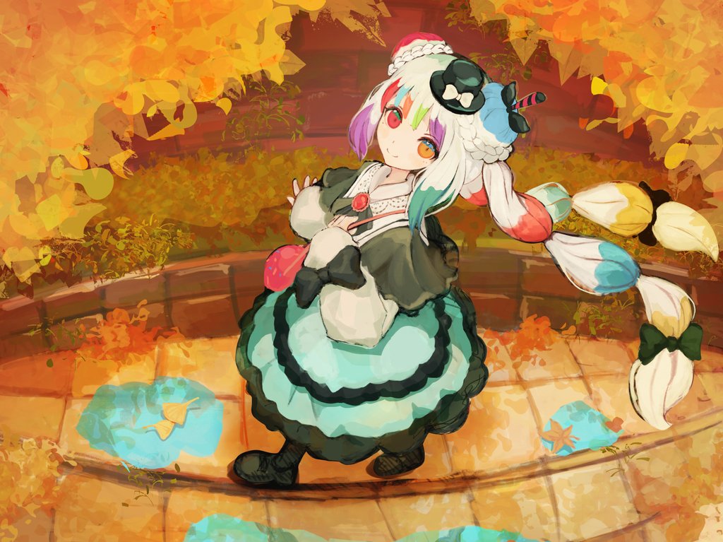 jogasaki noah, book off, mahou shoujo no majo saiban, hashtag-only commentary, 1girl, autumn, autumn leaves, black capelet, black shoes, blue skirt, braid, braided bun, capelet, double bun, full body, hair bun, hat, heterochromia, leaf, long hair, long sleeves, looking at viewer, mini hat, mini top hat, multi-tied hair, multicolored hair, neck ribbon, official alternate costume, official alternate hairstyle, outdoors, red eyes, ribbon, shirahato (shir4hato), shirt, shoes, skirt, smile, solo, standing, streaked hair, top hat, walking, white hair, white shirt, yellow eyes
