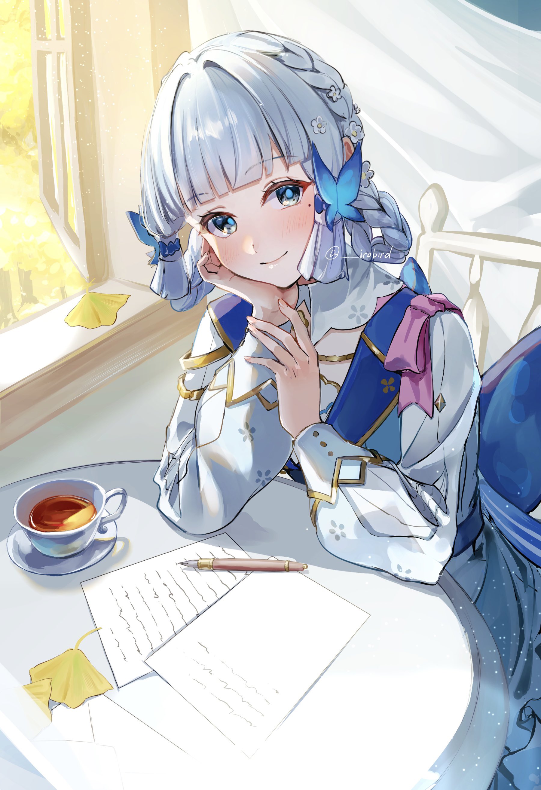 irobird, ayaka (genshin impact), kamisato ayaka, kamisato ayaka (springbloom missive), genshin impact, absurdres, commentary, highres, symbol-only commentary, 1girl, artist name, blue butterfly, blue dress, blue eyes, blue hair, blunt tresses, braid, bug, butterfly, butterfly hair ornament, chair, collar, cup, curtains, dress, earmuffs, earmuffs around neck, flower, hair flower, hair ornament, hair up, indoors, insect, long sleeves, looking at viewer, mole, mole under eye, multicolored dress, neck tassel, official alternate costume, official alternate hairstyle, paper, pen, sitting, smile, solo, table, tassel, white collar, window