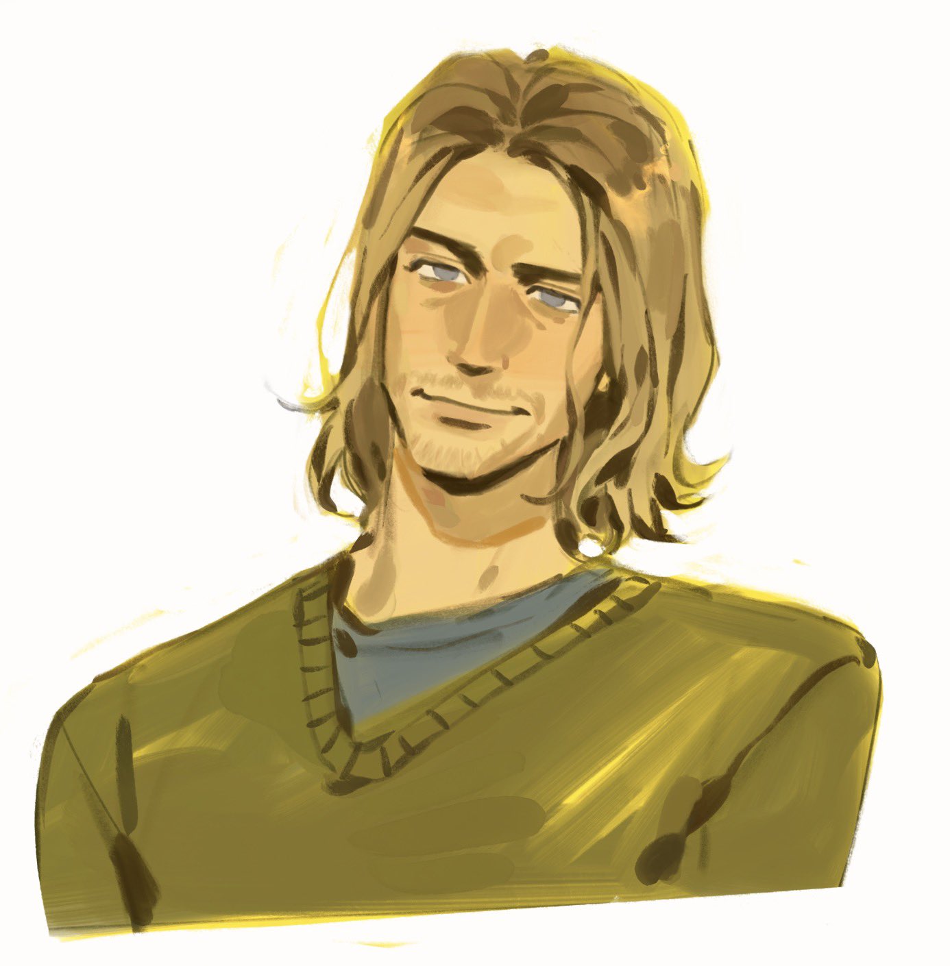 kunnuscumnus, kurt cobain, nirvana (band), real life, commentary, english commentary, highres, 1boy, beard stubble, blonde hair, blue eyes, blue shirt, closed mouth, cropped arms, facial hair, green sweater, male focus, medium hair, no pupils, parted hair, shirt, shirt under sweater, simple background, smile, stubble, sweater, v-neck, wavy ends, white background