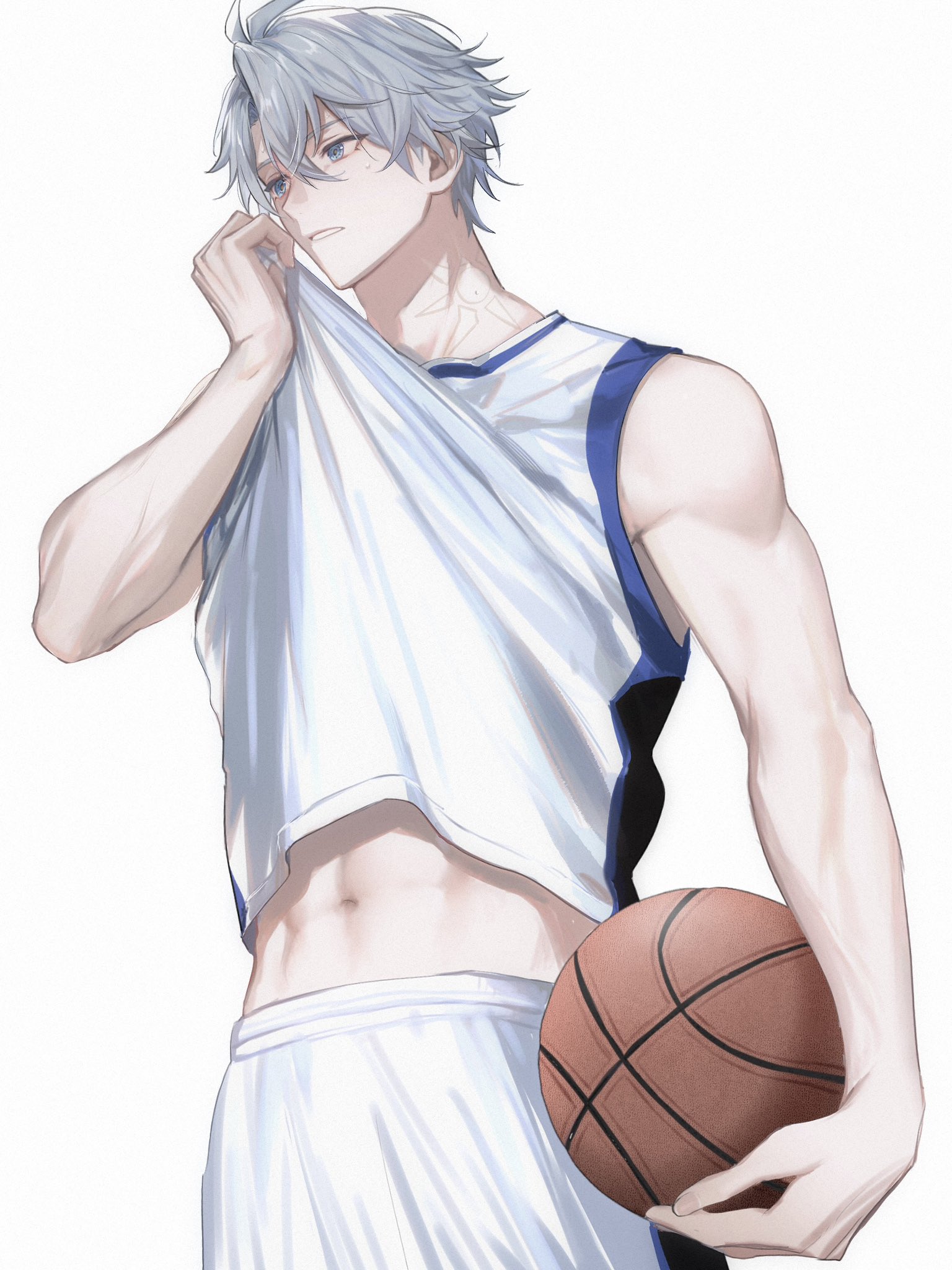 umenoume, phainon (honkai: star rail), honkai: star rail, honkai (series), highres, 1boy, abs, ball, basketball (object), basketball jersey, blue eyes, clenched teeth, cowboy shot, grey hair, hair between eyes, hand up, holding, holding ball, male focus, navel, neck tattoo, parted lips, short hair, simple background, sleeveless, solo, tattoo, teeth, white background