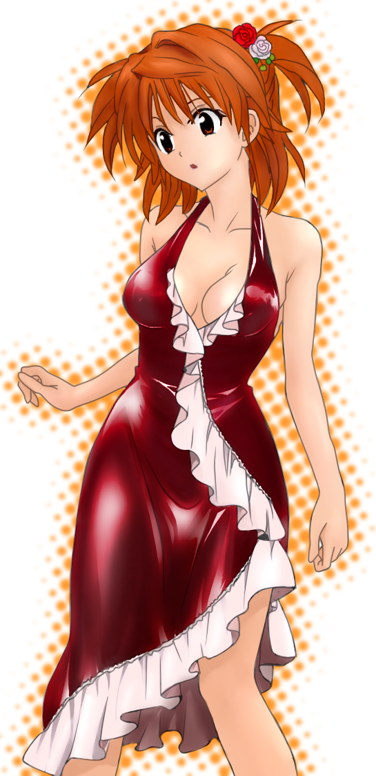 yuusaki riko, to love-ru, non-web source, 00s, 1girl, breasts, brown eyes, brown hair, cleavage, covered erect nipples, dress, female focus, forced dressing, genderswap, genderswap (mtf), large breasts, short hair, short twintails, solo, twintails, two side up