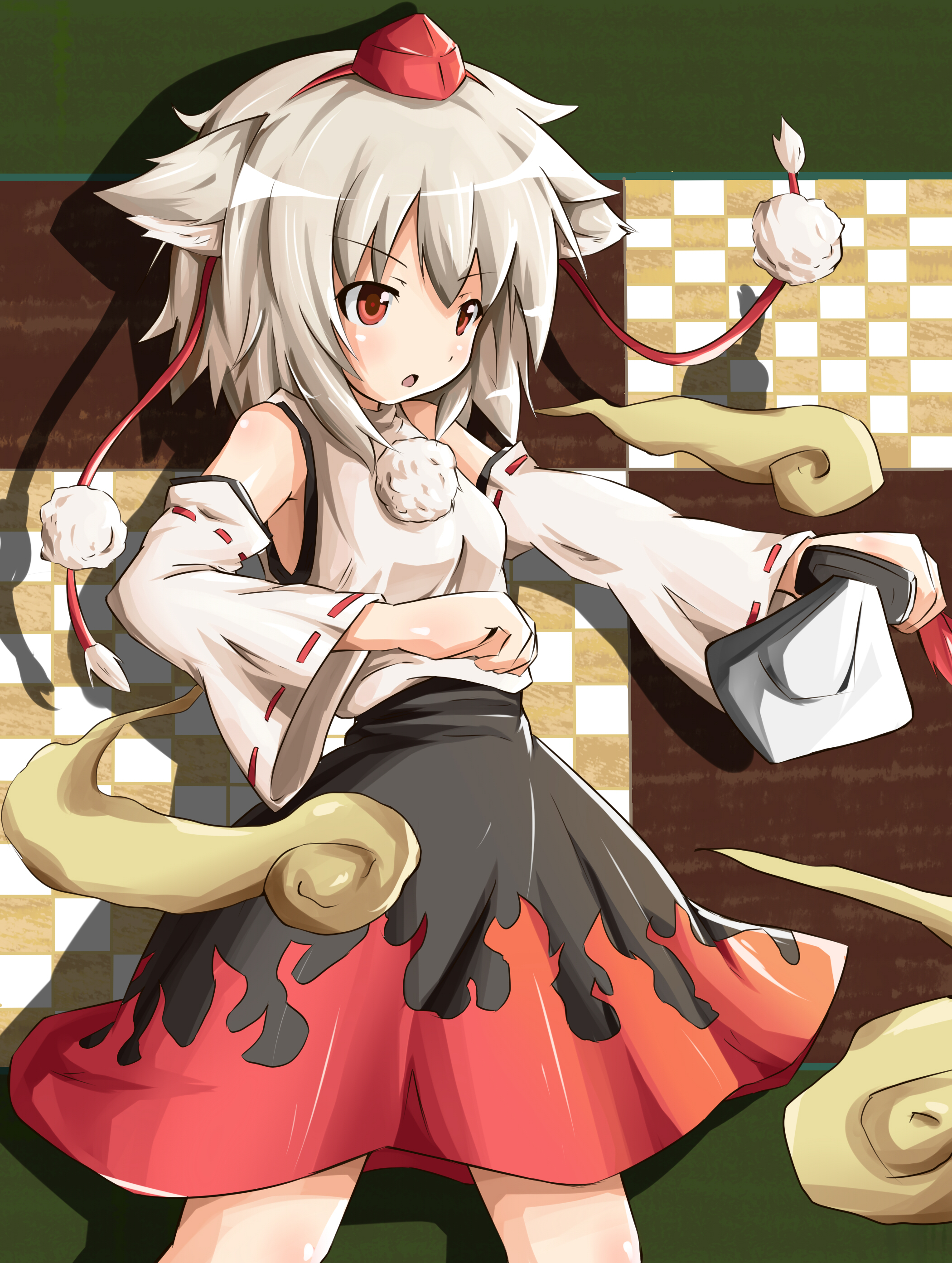 rariemonn, inubashiri momiji, touhou, silver hair, absurdres, highres, 1girl, animal ears, bare shoulders, cloud, detached sleeves, female focus, hat, red eyes, short hair, solo, sword, tail, tokin hat, weapon, wolf ears, wolf tail