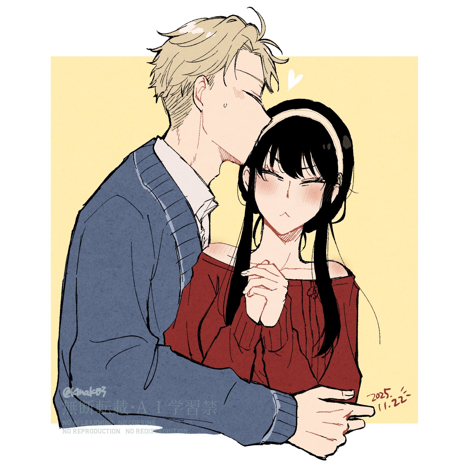 kinak03, twilight (spy x family), yor briar, spy x family, highres, 1boy, 1girl, bare shoulders, black hair, blonde hair, blush, closed eyes, closed mouth, couple, dress, hetero, long hair, open mouth, shirt, short hair, sidelocks, twitter username, upper body, white shirt