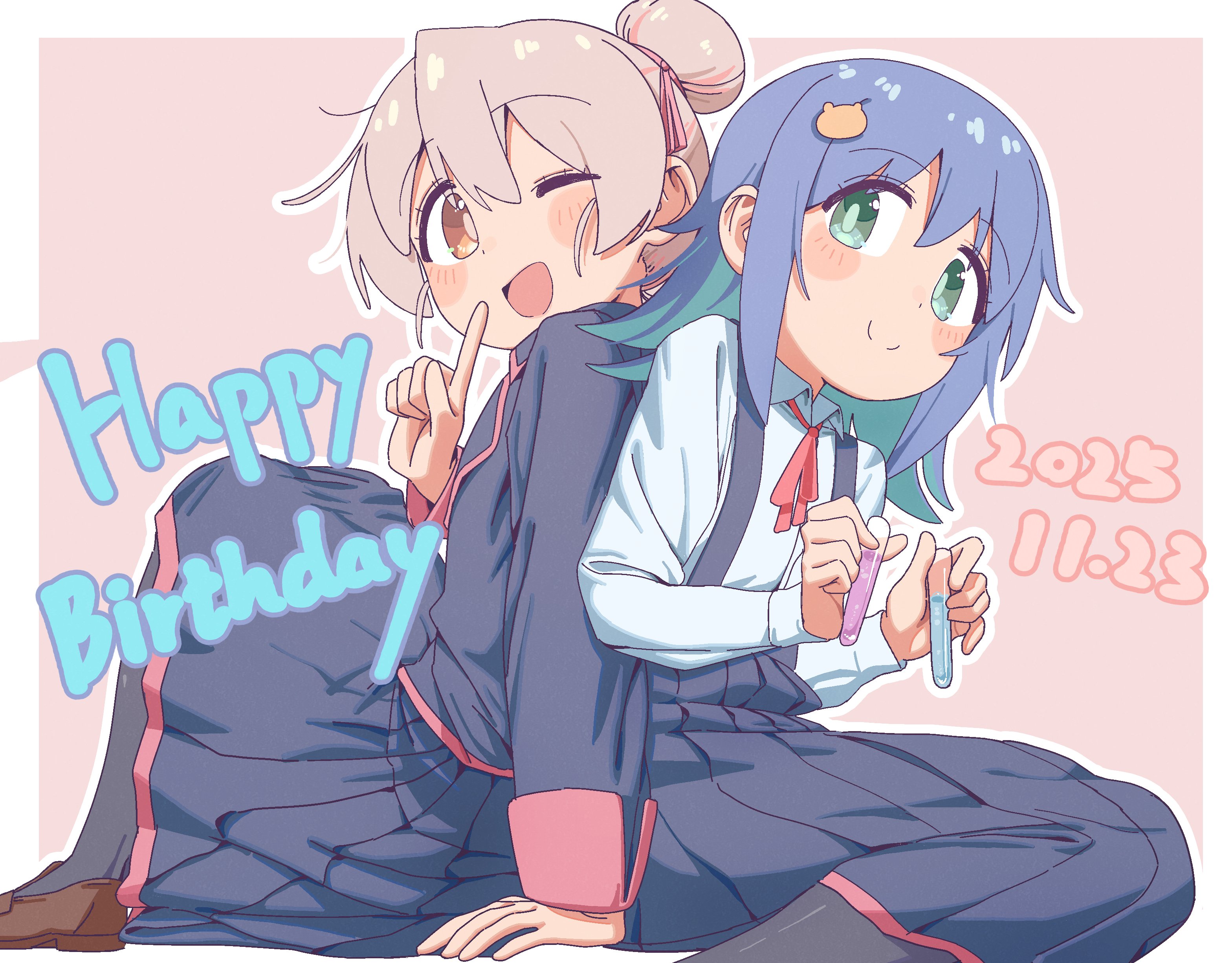 ylong, oyama mahiro, tenkawa nayuta, onii-chan wa oshimai!, absurdres, hashtag-only commentary, highres, 2girls, back-to-back, blush stickers, colored inner hair, dated, green eyes, hair bun, hair ornament, hair ribbon, happy birthday, holding, holding test tube, jacket, loafers, long sleeves, looking at viewer, multicolored hair, multiple girls, neck ribbon, one eye closed, open mouth, orange eyes, pantyhose, pleated skirt, pointing, pointing at self, ribbon, school uniform, shoes, single hair bun, sitting, skirt, smile, suspender skirt, suspenders, test tube, yotsuba university affiliated junior high school uniform