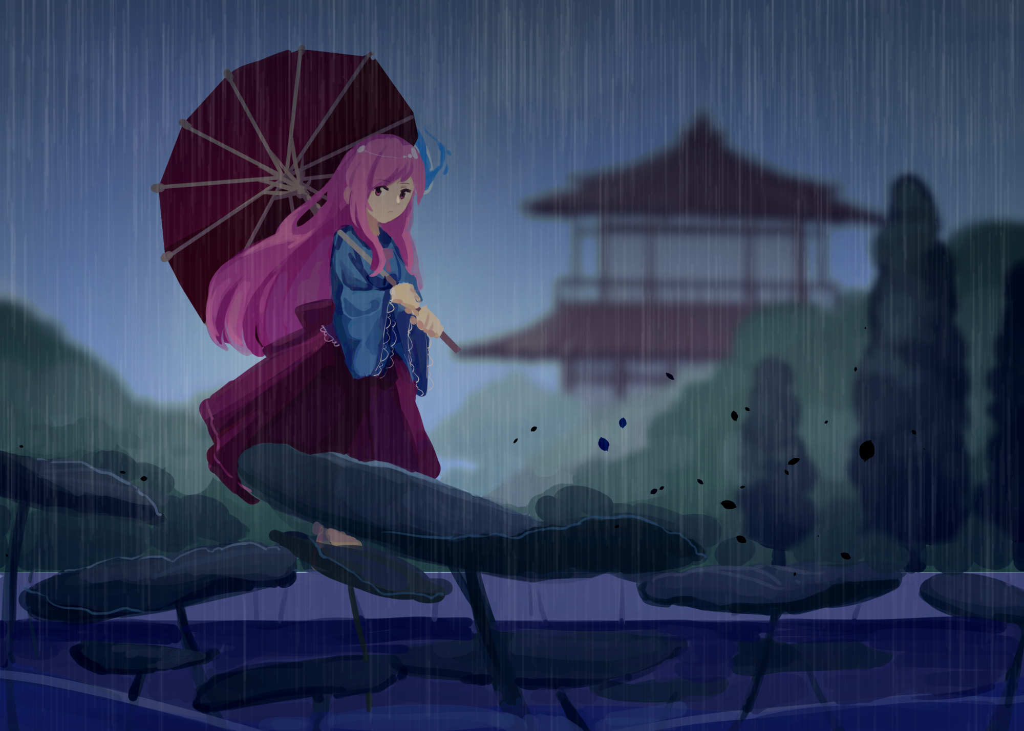 furahata gen, hata no kokoro, touhou, highres, 1girl, architecture, blue shirt, closed mouth, east asian architecture, hair between eyes, holding, holding umbrella, japanese clothes, lily pad, long hair, long sleeves, looking at viewer, mask, mask on head, pink eyes, pink hair, pond, purple skirt, rain, sandals, shirt, skirt, solo, temple, tree, umbrella, walking, water