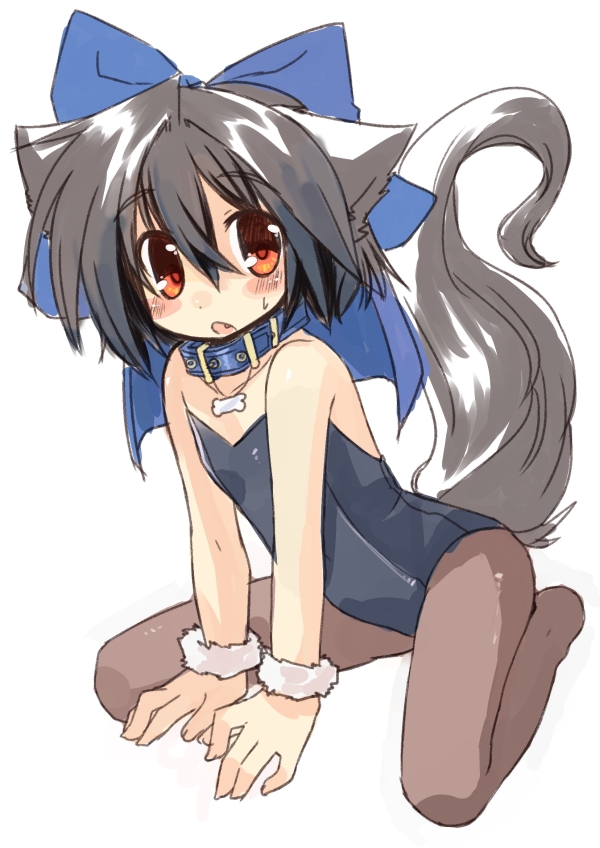 toba hiyoko, kannagi cocoa, original, 1girl, animal ears, black hair, blush, collar, dog ears, dog tail, fang, female focus, flat chest, kneeling, nontraditional playboy bunny, orange eyes, pantyhose, playboy bunny, solo, tail, wristband