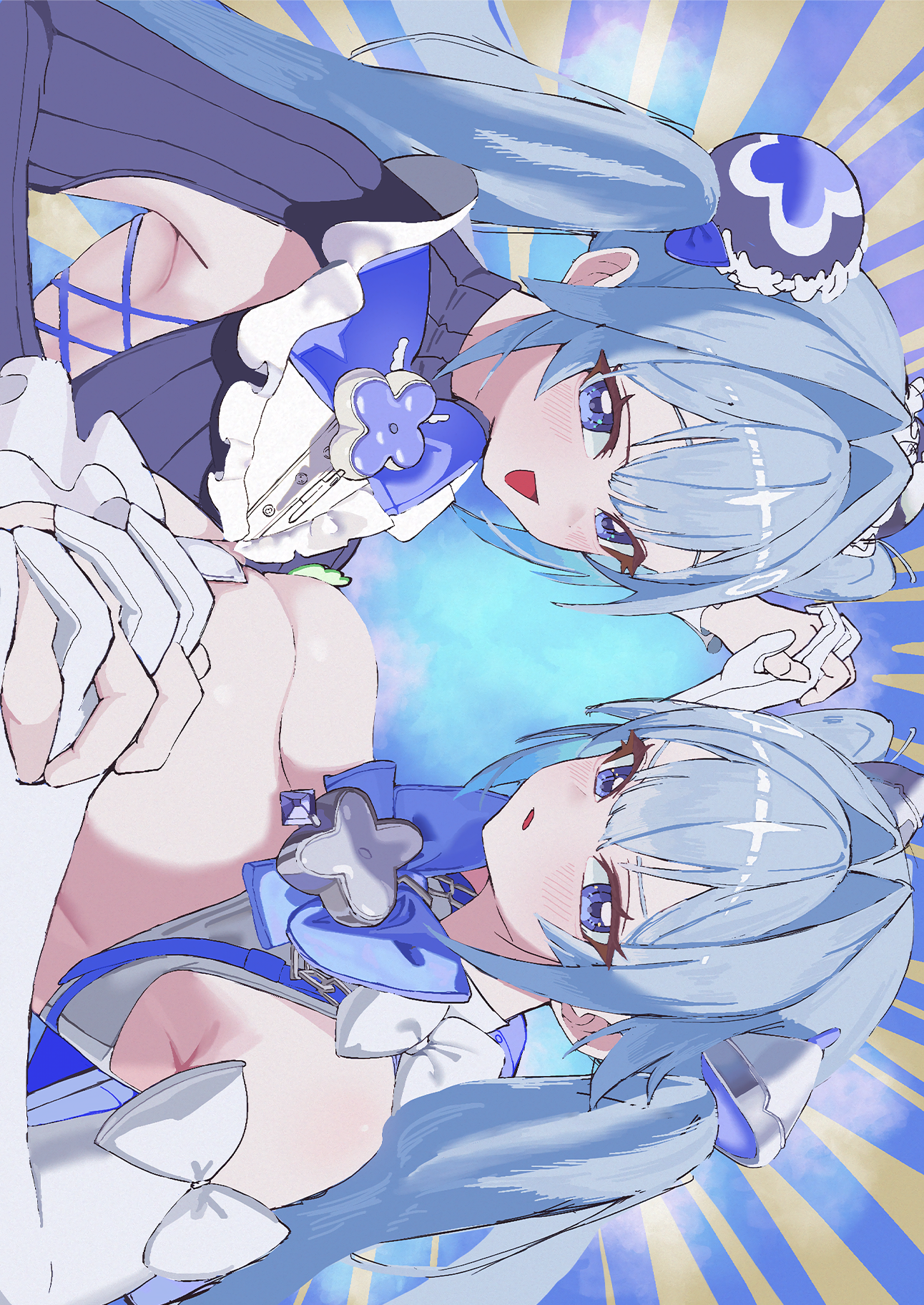 gretel (nikke), hansel (nikke), goddess of victory: nikke, commentary request, highres, 2girls, barabara 49, blue eyes, blue hair, breasts, cleavage, gloves, hair intakes, holding hands, large breasts, long hair, looking at viewer, multiple girls, open mouth, siblings, sideways, smile, twins, twintails, very long hair