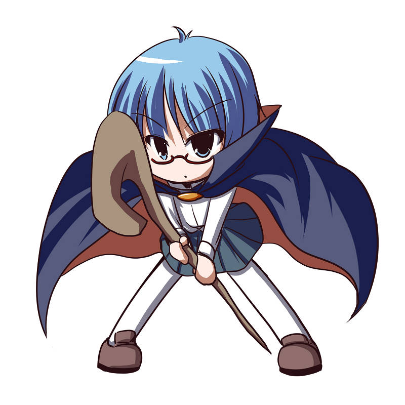 fictional sister, tabitha (zero no tsukaima), zero no tsukaima, 00s, blue eyes, blue hair, cape, chibi, glasses, pantyhose, short hair, solo, staff