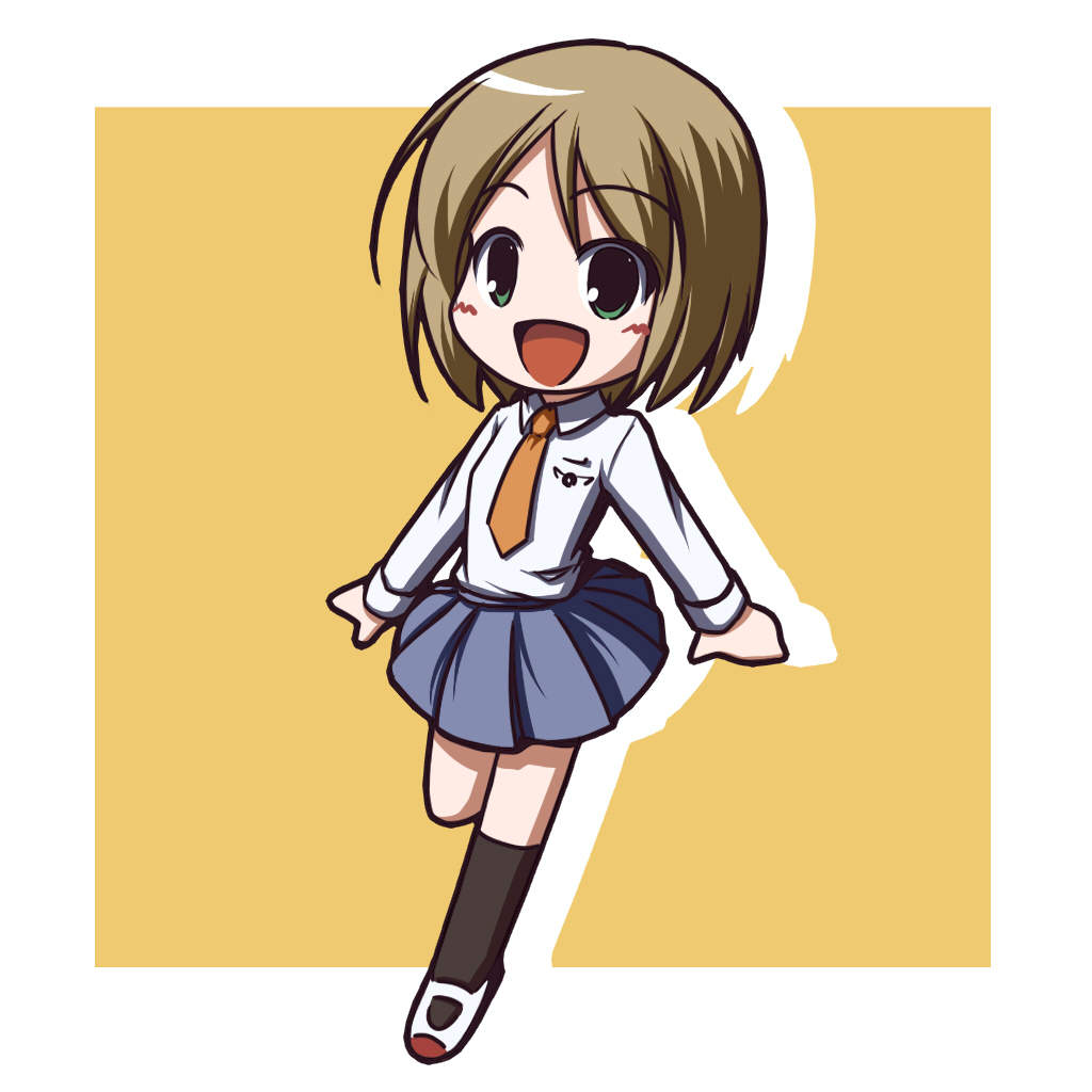 fictional sister, akeno mihoshi, sora no manimani, 00s, brown hair, chibi, green eyes, necktie, school uniform, short hair, solo