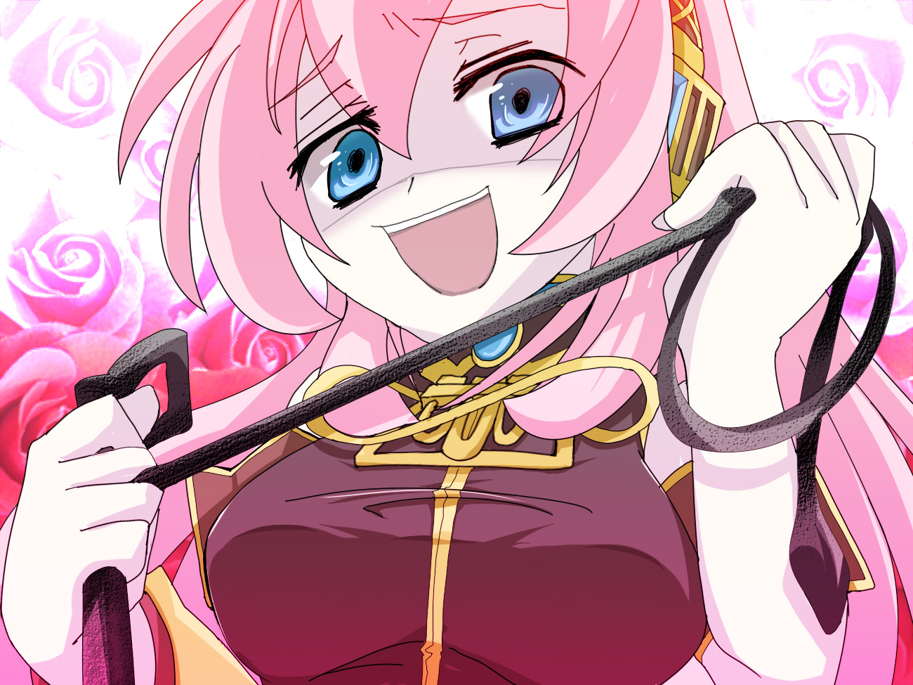 haru aki, megurine luka, vocaloid, 1girl, aqua eyes, armlet, asymmetrical sleeves, crazy, dominatrix, female focus, flower, jewelry, open mouth, pink hair, rose, shaded face, smile, solo, uneven sleeves, whip