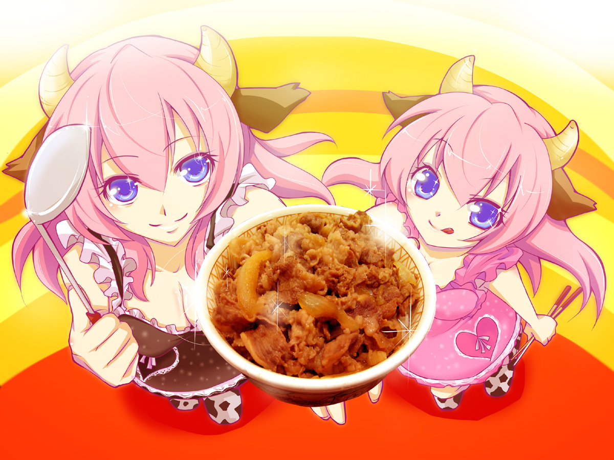 haru aki, megurine luka, vocaloid, 2girls, :q, animal ears, animal print, breasts, child, chopsticks, cleavage, cow ears, cow print, dress, dual persona, food, from above, gyuudon, horns, ladle, large breasts, long hair, medium breasts, multiple girls, pink hair, purple eyes, smile, tongue, tongue out