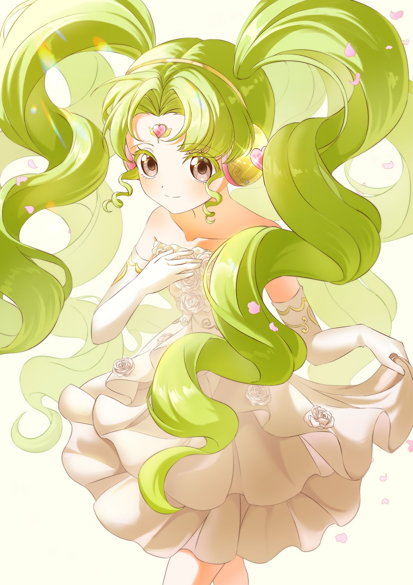 falulu, falulu (awakened), pretty series, pripara, highres, 1girl, bare shoulders, closed mouth, colored eyelashes, cowboy shot, curtained hair, dress, elbow gloves, flower, forehead jewel, from above, gloves, green hair, grey eyes, hands on own chest, idol clothes, long hair, looking at viewer, nangwoo, parted bangs, rose, simple background, smile, solo, standing, strapless, strapless dress, twintails, white background, white dress, white flower, white gloves, white rose