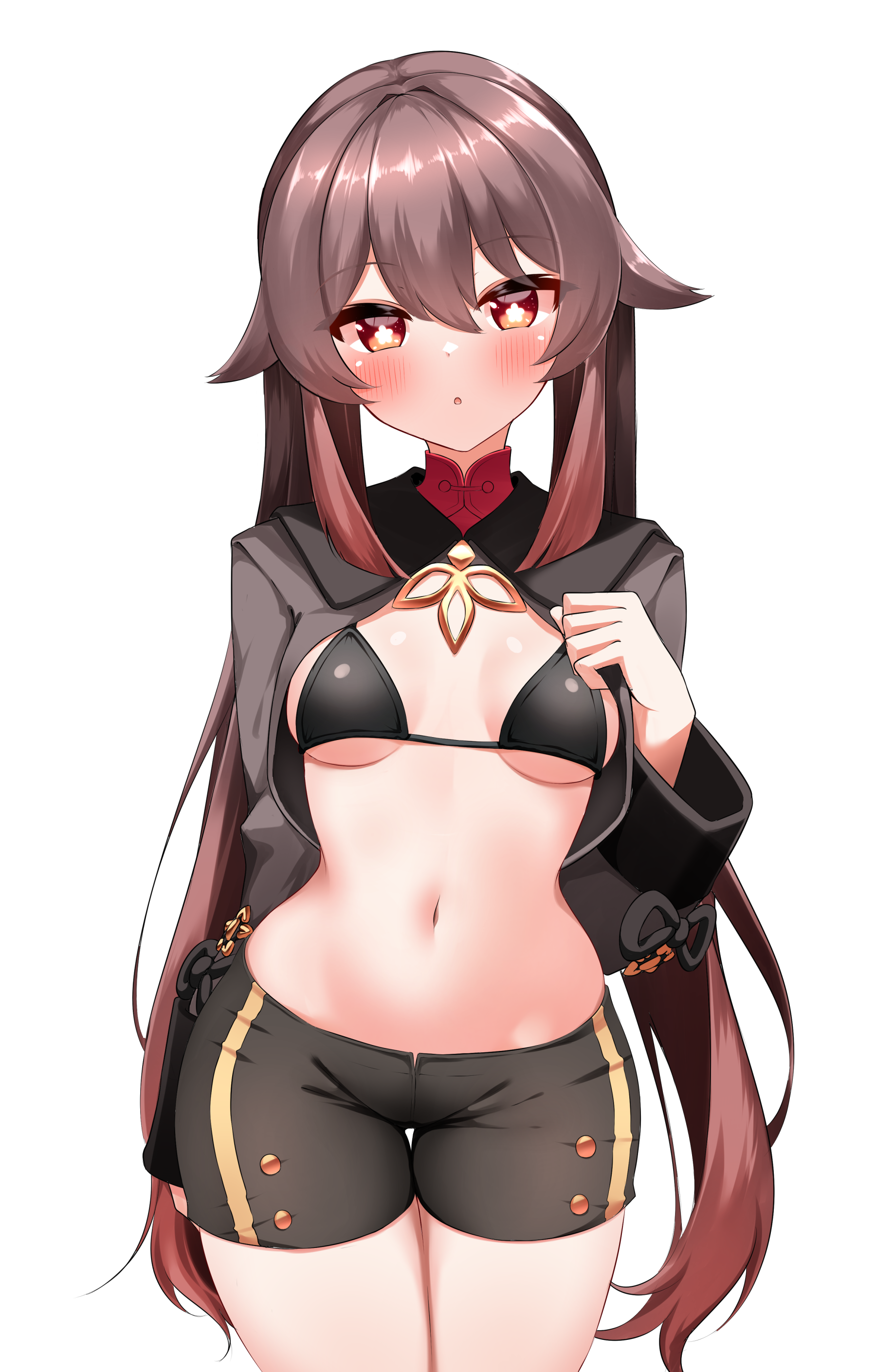 pia (botamochinjufu), hu tao (genshin impact), genshin impact, absurdres, commentary request, highres, 1girl, black bra, blush, bra, breasts, brown hair, flower-shaped pupils, hair between eyes, long hair, long sleeves, looking at viewer, navel, no headwear, open clothes, red eyes, shorts, small breasts, solo, standing, symbol-shaped pupils, thigh gap, twintails, underwear, white background