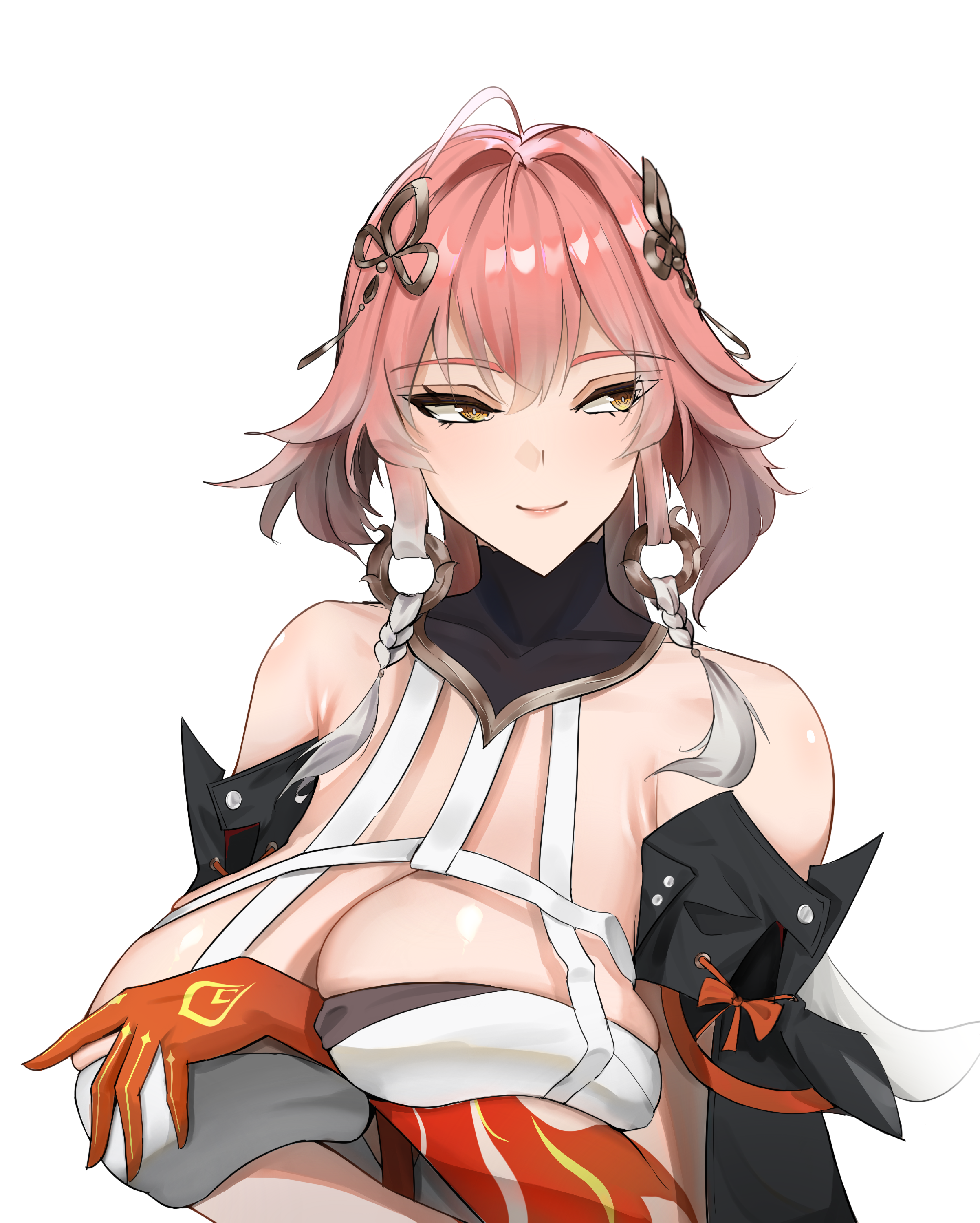 changli (wuthering waves), wuthering waves, absurdres, commentary request, highres, 1girl, ahoge, arm between breasts, ayres (ayresm), bare shoulders, between breasts, black collar, body markings, braid, breasts, closed mouth, collar, colored extremities, hair extensions, hair intakes, hair ornament, hand up, large breasts, multicolored hair, pink hair, red hands, ring hair extensions, simple background, smile, solo, squeezing, twin braids, two-tone hair, white background, white hair, yellow eyes